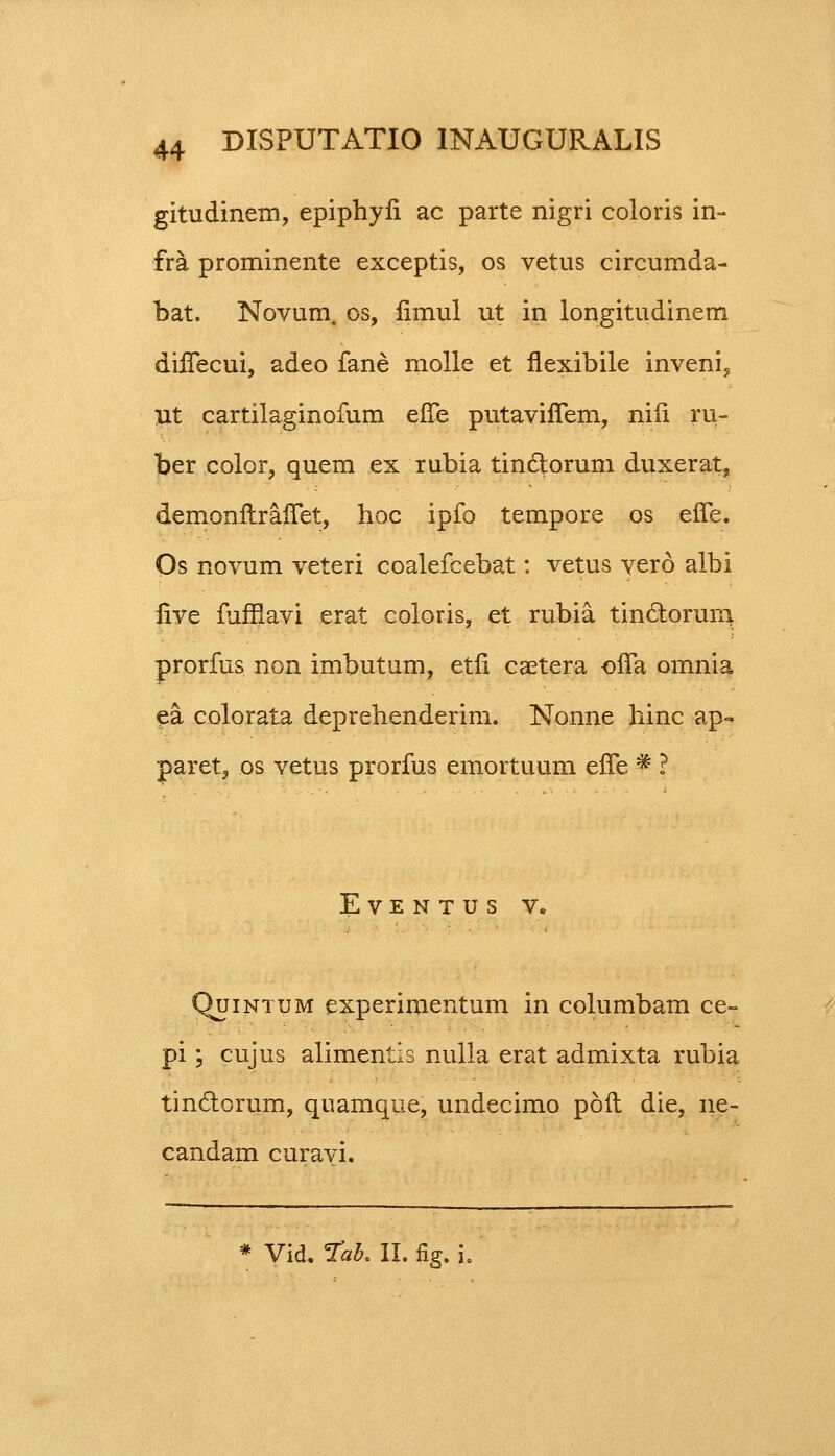 gitudinem, epiphyfi ac parte nigri coloris in- fra prominente exceptis, os vetus circumda- bat. Novum. os, limul ut in longitudinem diffecui, adeo fane molle et fiexibile inveni, ut cartilaginofum effe putavifTem, nifi ru- ber color, quem ex rubia tindtorum duxerat, demonflraffet, hoc ipfo tempore os effe. Os novum veteri coalefcebat: vetus vero albi five nifflavi erat coloris, et rubia tincT.oruna. prorfus non imbutum, etfi caetera ofTa omnia ea colorata deprehenderim. Nonne hinc ap- paret, os vetus prorfus emortuum erTe * ? Eventus v» Quintum experimentum in columbam ce- pi; cujus alimentis nulla erat admixta rubia tinclorum, quamque, undecimo p6fl die, ne- candam curavi.