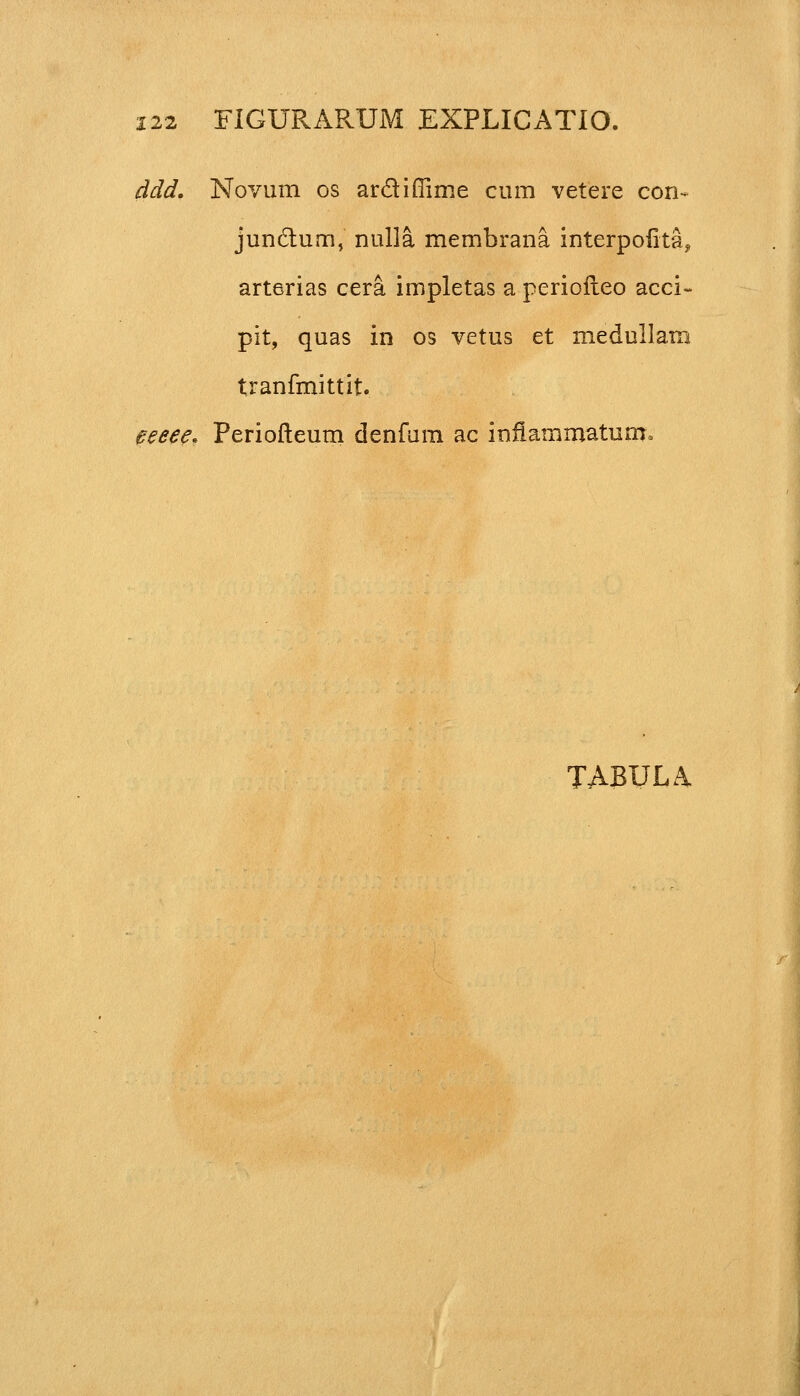 ddd. Novum os ar&iffime cum vetere con~ jun&um, nulla membrana interpofita, arterias cera impletas a perioileo acci- pit, quas in os vetus et medullam tranfmittit. eeeee. Periofleum denfurn ac inflammatum.
