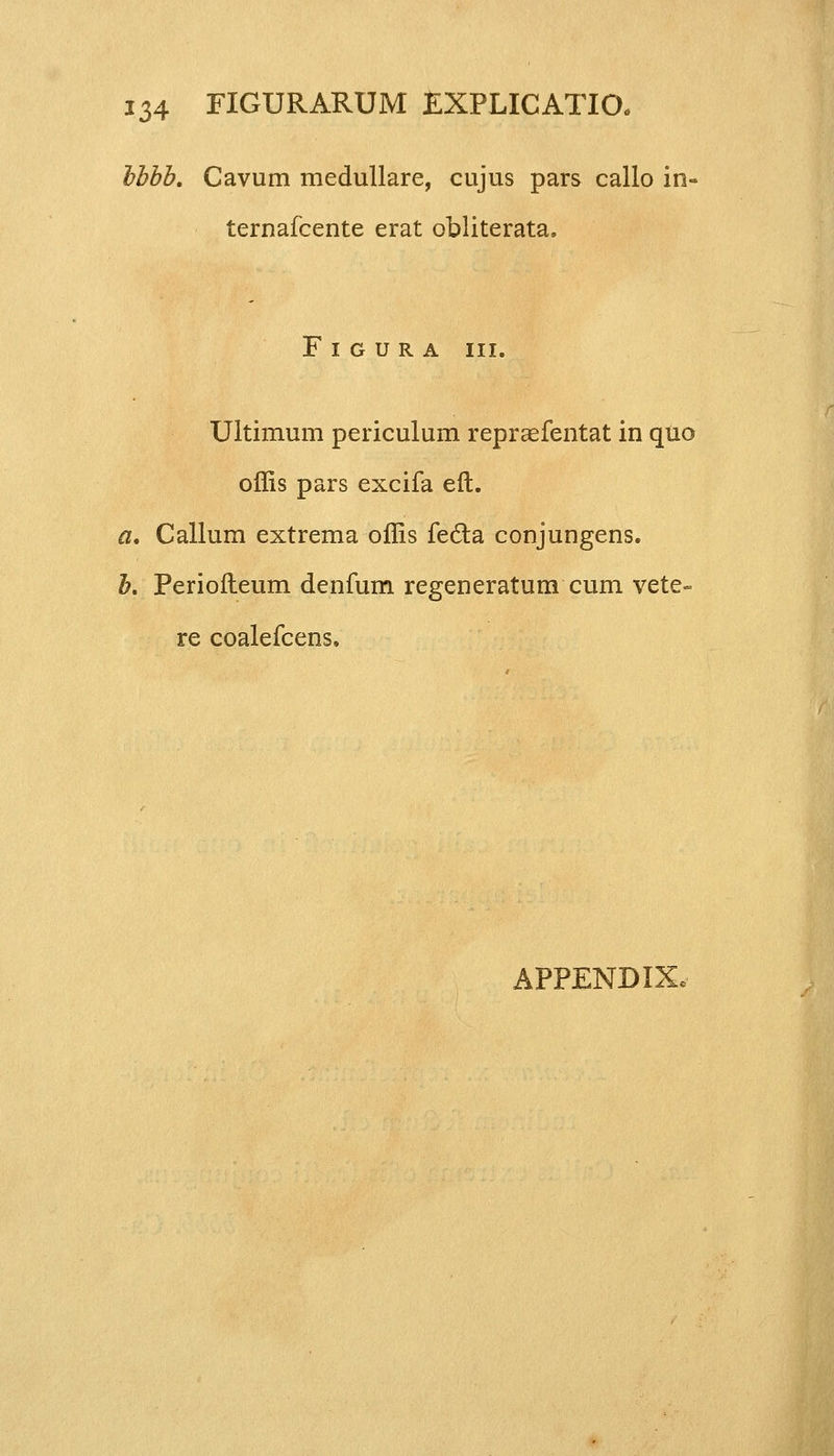 bbbb. Cavum medullare, cujus pars callo in- ternafcente erat obliterata. F i g u R A III. Ultimum periculum repraefentat in quo offis pars excifa eft. a. Callum extrema offis fecla conjungens. b. Periofteum denfum regeneratum cum vete- re coalefcens. APPENDIX,
