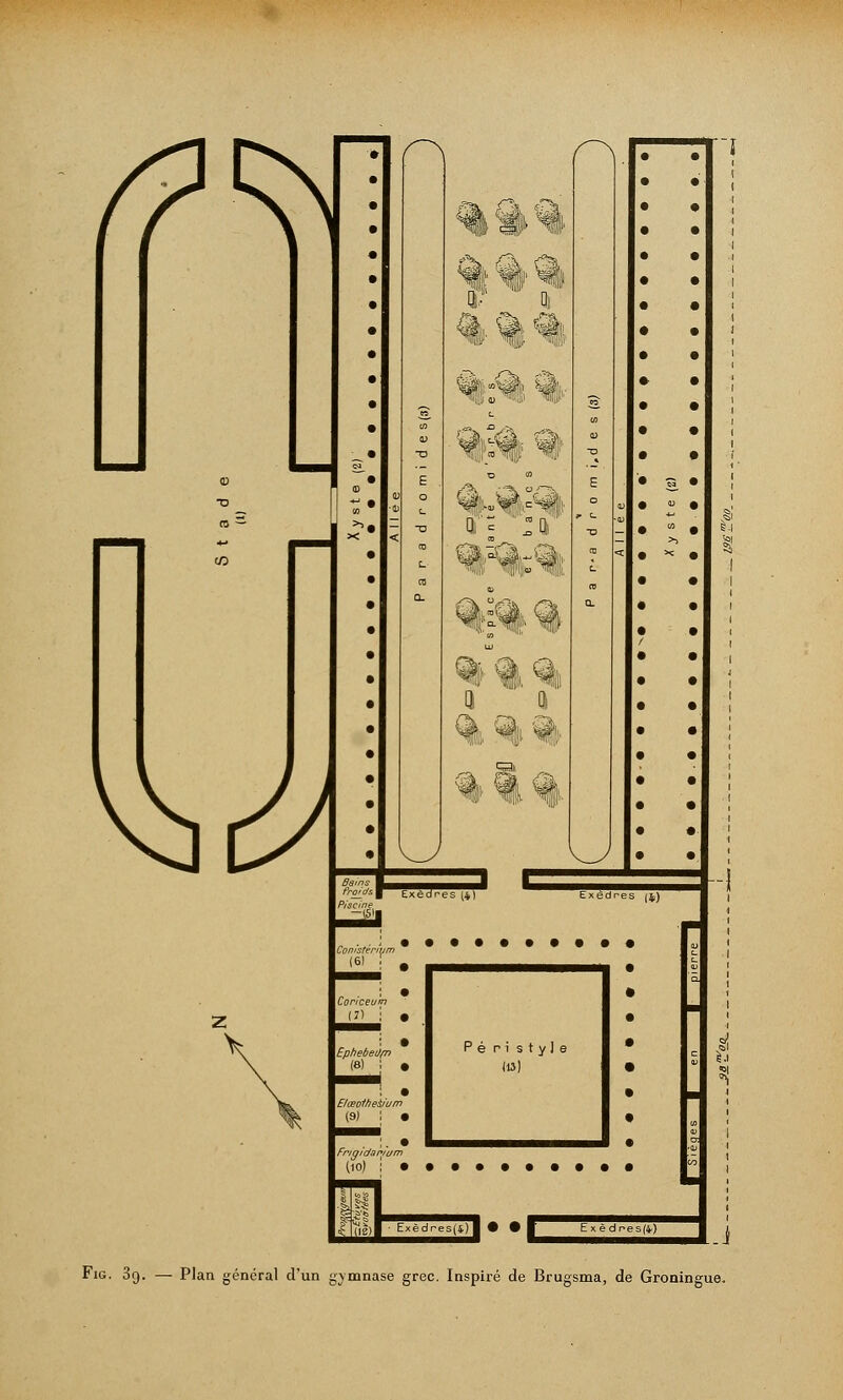 /p^l ^ &, Qk 1^ ll§| o T'«I||I oillill % % froids. \ Exèdr-es 14) Exèdres (5,) Coriceum (7) i Ephebeûfn (e) ; Elœo1he$îum Fr/gidanîum (10) P é ri style (13) [!• »r Exêdnes(i) i Fig. 39. — Plan général d'un gymnase grec. Inspiré de Brugsma, de Groningue.