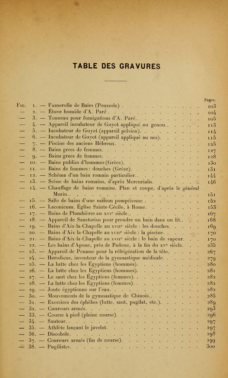 Pages. Fie. i. — Fumerolle de Baies (Pouzzole) io3 — 2. — Étuve humide d'A. Paré io4 — 3. — Tonneau pour fumigations d'A. Paré io5 — 4. — Appareil incubateur de Guyot applique au genou n3 — 5. — Incubateur de Guyot (appareil pelvien) n/j — 0. — Incubateur de Guyot (appareil appliqué au nez) n5 — 7. — Piscine des anciens Hébreux ia5 — 8. — Bains grecs de femmes 127 — 9. — Bains grecs de femmes 128 — 10. — Bains publics d'hommes (Grèce) i3o — 11. — Bains de femmes: douches (Grèce) i3i — 12. — Schéma d'un bain romain particulier i44 — i3. — Scène de bains romains, d'après Mcrcurialis i46 — i/|. — Chauffage de bains romains. Plan et coupe, d'après le général Morin i5i — i5. — Salle de bains d'une maison pompéienne i52 — 16. — Laconicum. Eglise Sainte-Cécile, à Rome i53 — 17. — Bains de Plombières au xvie siècle 167 — 18. — Appareil de Sanctorius pour prendre un bain dans un lit.. . . 168 — 10. — Bains d'Aix-la-Chapelle au xvnc siècle : les douches 169 — 20. — Bains d'Aixla-Chapclle au xvne siècle : la piscine 170 — 21. — Bains d'Aix-la-Chapelle au xvne siècle: le bain de vapeur. . . 170 — 22. — Les bains d'Apone, près de Padouc, à la fin du xve siècle. . . 235 — 23. — Appareil de Penassc pour la réfrigération de la tète 267 — 24. — Herodicus, inventeur de la gymnastique médicale 279 — 2;). — La lutte chez les Égyptiens (hommes) 280 — 26. ■— La lutte chez les Égyptiens (hommes). 281 — 27. — Le saut chez les Égyptiens (femmes) 282 — 28. — La lutte chez les Égyptiens (femmes). 282 — 29. — Joute égyptienne sur l'eau 282 — 3o. — Mouvements de la gymnastique de Chinois 285 — 3i. — Exercices des éphèbes (lutte, saut, pugilat, etc.) 289 — 32. — Coureurs armés 293 — 33. — Course à pied (pleine course) 296 — 34. — Sauteur 297 — 35. — Athlète lançant le javelot 297 — 36. — Discobole 298 — 37. — Coureurs armés (fin de course) 299 — 38. — Pugilistes 3oo