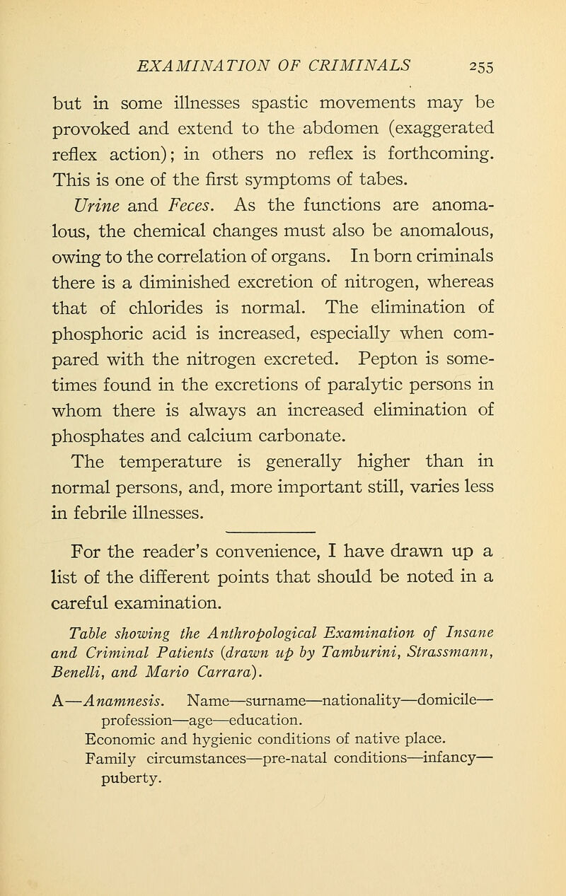 but in some illnesses spastic movements may be provoked and extend to the abdomen (exaggerated reflex action); in others no reflex is forthcoming. This is one of the flrst symptoms of tabes. Urine and Feces. As the functions are anoma- lous, the chemical changes must also be anomalous, owing to the correlation of organs. In born criminals there is a diminished excretion of nitrogen, whereas that of chlorides is normal. The elimination of phosphoric acid is increased, especially when com- pared with the nitrogen excreted. Pepton is some- times found in the excretions of paral3rtic persons in whom there is always an increased elimination of phosphates and calcium carbonate. The temperature is generally higher than in normal persons, and, more important still, varies less in febrile illnesses. For the reader's convenience, I have drawn up a list of the different points that should be noted in a careful examination. Table showing the Anthropological Examination of Insane and Criminal Patients {drawn up by Tamburini, Strassmann, Benelli, and Mario Carrara). A—A namnesis. Name—surname—nationality—domicile— profession—age—education. Economic and hygienic conditions of native place. Family circumstances—pre-natal conditions—infancy— puberty.