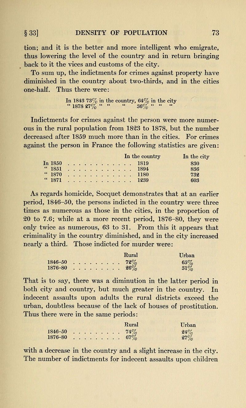 tion; and it is the better and more intelligent who emigrate, thus lowering the level of the country and in return bringing back to it the vices and customs of the city. To sum up, the indictments for crimes against property have diminished in the country about two-thirds, and in the cities one-half. Thus there were: In 1843 73% in the country, 64% in the city  1878 27%    36%    Indictments for crimes against the person were more numer- ous in the rural population from 1823 to 1878, but the number decreased after 1859 much more than in the cities. For crimes against the person in France the following statistics are given: In the country In the city In 1850 1819 830  1851 1894 836  1870 1180 732  1871 1239 603 As regards homicide, Socquet demonstrates that at an earlier period, 1846-50, the persons indicted in the country were three times as numerous as those in the cities, in the proportion of 20 to 7.6; while at a more recent period, 1876-80, they were only twice as numerous, 63 to 31. From this it appears that criminality in the country diminished, and in the city increased nearly a third. Those indicted for murder were: Rural Urban 1846-50 72% 65% 1876-80 26% 31% That is to say, there was a diminution in the latter period in both city and country, but much greater in the country. In indecent assaults upon adults the rural districts exceed the urban, doubtless because of the lack of houses of prostitution. Thus there were in the same periods: Rural Urban 1846-50 74% 24% 1876-80 67% 27% with a decrease in the country and a slight increase in the city. The number of indictments for indecent assaults upon children