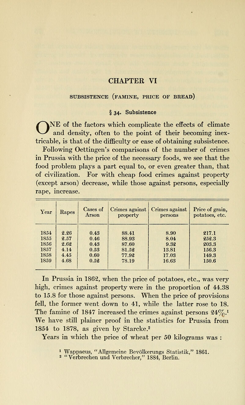 CHAPTER VI SUBSISTENCE (FAMINE, PRICE OF BREAD) § 34. Subsistence ONE of the factors which comphcate the effects of cHmate and density, often to the point of their becoming inex- tricable, is that of the difficulty or ease of obtaining subsistence. Following Oettingen's comparisons of the number of crimes in Prussia with the price of the necessary foods, we see that the food problem plays a part equal to, or even greater than, that of civilization. For with cheap food crimes against property (except arson) decrease, while those against persons, especially rape, increase. Year Rapes Cases of Crimes against Crimes against Price of grain, Arson property persons potatoes, etc. 1854 2.26 0.43 88.41 8.90 217.1 1855 2.57 0.46 88.93 8.04 252.3 1856 2.62 0.43 87.60 9.32 203.3 1857 4.14 0.53 81.52 13.81 156.3 1858 4.45 0.60 77.92 17.03 149.3 1859 4.68 0.52 78.19 16.63 150.6 In Prussia in 1862, when the price of potatoes, etc., was very high, crimes against property were in the proportion of 44.38 to 15.8 for those against persons. When the price of provisions fell, the former went down to 41, while the latter rose to 18. The famine of 1847 increased the crimes against persons 24%.^ We have still plainer proof in the statistics for Prussia from 1854 to 1878, as given by Starcke.2 Years in which the price of wheat per 50 kilograms was : ^ Wappaeus, Allgemeine Bevolkerungs Statistik, 1861. 2  Verbrechen und Verbrecher, 1884, Berlin.