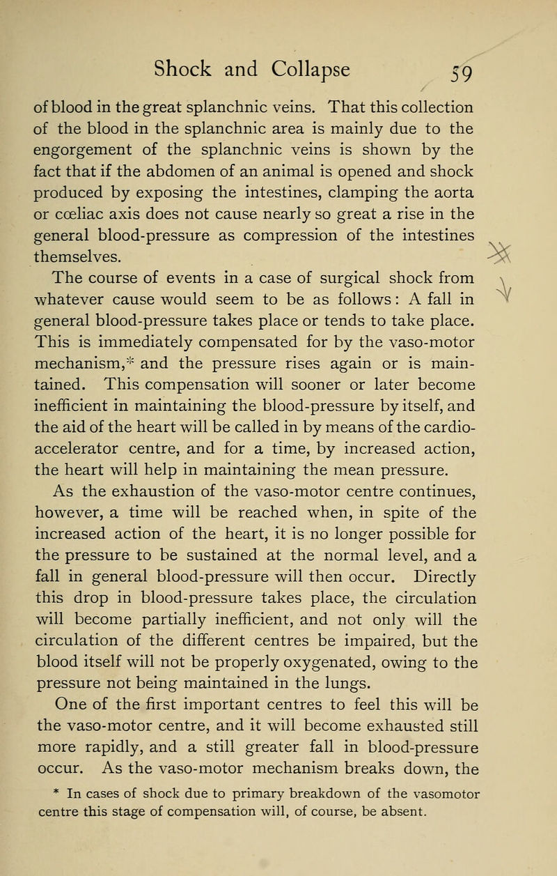 ^ of blood in the great splanchnic veins. That this collection of the blood in the splanchnic area is mainly due to the engorgement of the splanchnic veins is shown by the fact that if the abdomen of an animal is opened and shock produced by exposing the intestines, clamping the aorta or coeliac axis does not cause nearly so great a rise in the general blood-pressure as compression of the intestines themselves. --M The course of events in a case of surgical shock from whatever cause would seem to be as follows: A fall in general blood-pressure takes place or tends to take place. This is immediately compensated for by the vaso-motor mechanism,''' and the pressure rises again or is main- tained. This compensation will sooner or later become inefficient in maintaining the blood-pressure by itself, and the aid of the heart will be called in by means of the cardio- accelerator centre, and for a time, by increased action, the heart will help in maintaining the mean pressure. As the exhaustion of the vaso-motor centre continues, however, a time will be reached when, in spite of the increased action of the heart, it is no longer possible for the pressure to be sustained at the normal level, and a fall in general blood-pressure will then occur. Directly this drop in blood-pressure takes place, the circulation will become partially inefficient, and not only will the circulation of the different centres be impaired, but the blood itself will not be properly oxygenated, owing to the pressure not being maintained in the lungs. One of the first important centres to feel this will be the vaso-motor centre, and it will become exhausted still more rapidly, and a still greater fall in blood-pressure occur. As the vaso-motor mechanism breaks down, the * In cases of shock due to primary breakdown of the vasomotor centre this stage of compensation will, of course, be absent.