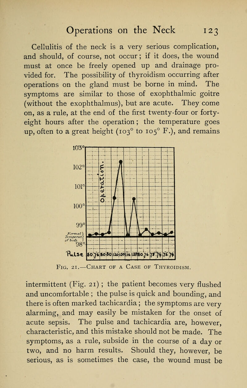 Cellulitis of the neck is a very serious complication, and should, of course, not occur; if it does, the wound must at once be freely opened up and drainage pro- vided for. The possibility of thyroidism occurring after operations on the gland must be borne in mind. The symptoms are similar to those of exophthalmic goitre (without the exophthalmus), but are acute. They come on, as a rule, at the end of the first twenty-four or forty- eight hours after the operation; the temperature goes up, often to a great height (103° to 105° F.), and remains 103^ 102^4 lor 100°i 99^ 98^ KLse —7 i'-i 1- ■■ r' « 1 .. h / -4 • i j- ■ % / L / zr\ f -_T'' it / A i / 1 \ f / n -■ 1 ' V^-' ■-■ ...... I ^ ^ |_ t^ sSf it ■M- ■f • -■■ ; io^i mo iaw5o iiipp iy^ m ^ Fig. 21.—Chart of a Case of Thyroidism. intermittent (Fig. 21) ; the patient becomes very flushed and uncomfortable ; the pulse is quick and bounding, and there is often marked tachicardia; the symptoms are very alarming, and may easily be mistaken for the onset of acute sepsis. The pulse and tachicardia are, however, characteristic, and this mistake should not be made. The symptoms, as a rule, subside in the course of a day or two, and no harm results. Should they, however, be serious, as is sometimes the case, the wound must be