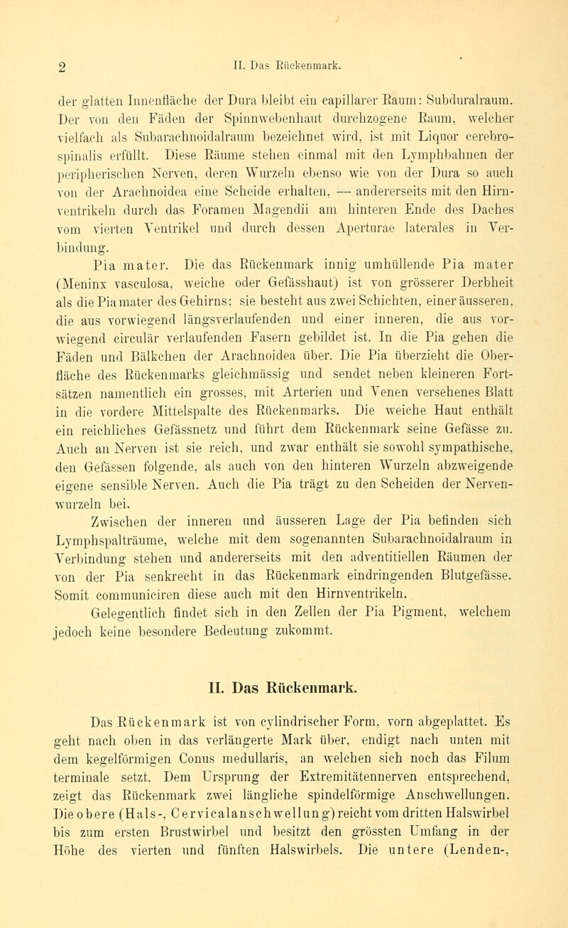 der glatten Innenfläche der Dura bleibt ein capillarer Eaum: Subduralraum. Der von den Fäden der Spinn web enhaut durchzogene Eaum, welcher vielfach als Subarachnoidalraum bezeichnet wird, ist mit Liquor cerebro- spinalis erfüllt. Diese Eäume stehen einmal mit den Lymphbahnen der peripherischen Nerven, deren Wurzeln ebenso wie von der Dura so auch von der Araehnoidea eine Scheide erhalten, — andererseits mit den Hirn- ventdkeln durch das Foramen Magendii am hinteren Ende des Daches vom vierten Ventrikel und durch dessen Aperturae laterales in Ver- bindung. Pia mater. Die das Eückenmark innig umhüllende Pia mater (Meninx vasculosa, weiche oder Gefässhaut) ist von grösserer Derbheit als die Pia mater des Gehirns; sie besteht aus zwei Schichten, einer äusseren, die aus vorwiegend längsverlaufenden und einer inneren, die aus vor- wiegend circulär verlaufenden Fasern gebildet ist. In die Pia gehen die Fäden und Bälkchen der Araehnoidea über. Die Pia überzieht die Ober- fläche des Eückenmarks gleichmässig und sendet neben kleineren Fort- sätzen namentlich ein grosses, mit Arterien und Venen versehenes Blatt in die vordere Mittelspalte des Eückenmarks. Die weiche Haut enthält ein reichliches Gefässnetz und führt dem Eückenmark seine Gefässe zu. Auch an Nerven ist sie reich, und zwar enthält sie sowohl sympathische, den Gefässen folgende, als auch von den hinteren Wurzeln abzweigende eigene sensible Nerven. Auch die Pia trägt zu den Scheiden der Nerven- wurzeln bei. Zwischen der inneren und äusseren Lage der Pia befinden sich Lymphspalträume, welche mit dem sogenannten Subarachnoidalraum in Verbindung stehen und andererseits mit den adventitiellen Eäumen der von der Pia senkrecht in das Eückenmark eindringenden Blutgefässe. Somit communiciren diese auch mit den Hirnventrikeln. Gelegentlieh findet sich in den Zellen der Pia Pigment, welchem jedoch keine besondere Bedeutung zukommt. II. Das Rückenmark. Das Eückenmark ist von cylindrischer Form, vorn abgeplattet. Es geht nach oben in das verlängerte Mark über, endigt nach unten mit dem kegelförmigen Conus medullaris, an welchen sich noch das Filum terminale setzt. Dem Ursprung der Extremitätennerven entsprechend, zeigt das Eückenmark zwei längliche spindelförmige Anschwellungen. Dieobere (Hals-, Oervicalanschwellung)reichtvom dritten Halswirbel bis zum ersten Brustwirbel und besitzt den grössten Umfang in der Höhe des vierten und fünften Halswirbels. Die untere (Lenden-,
