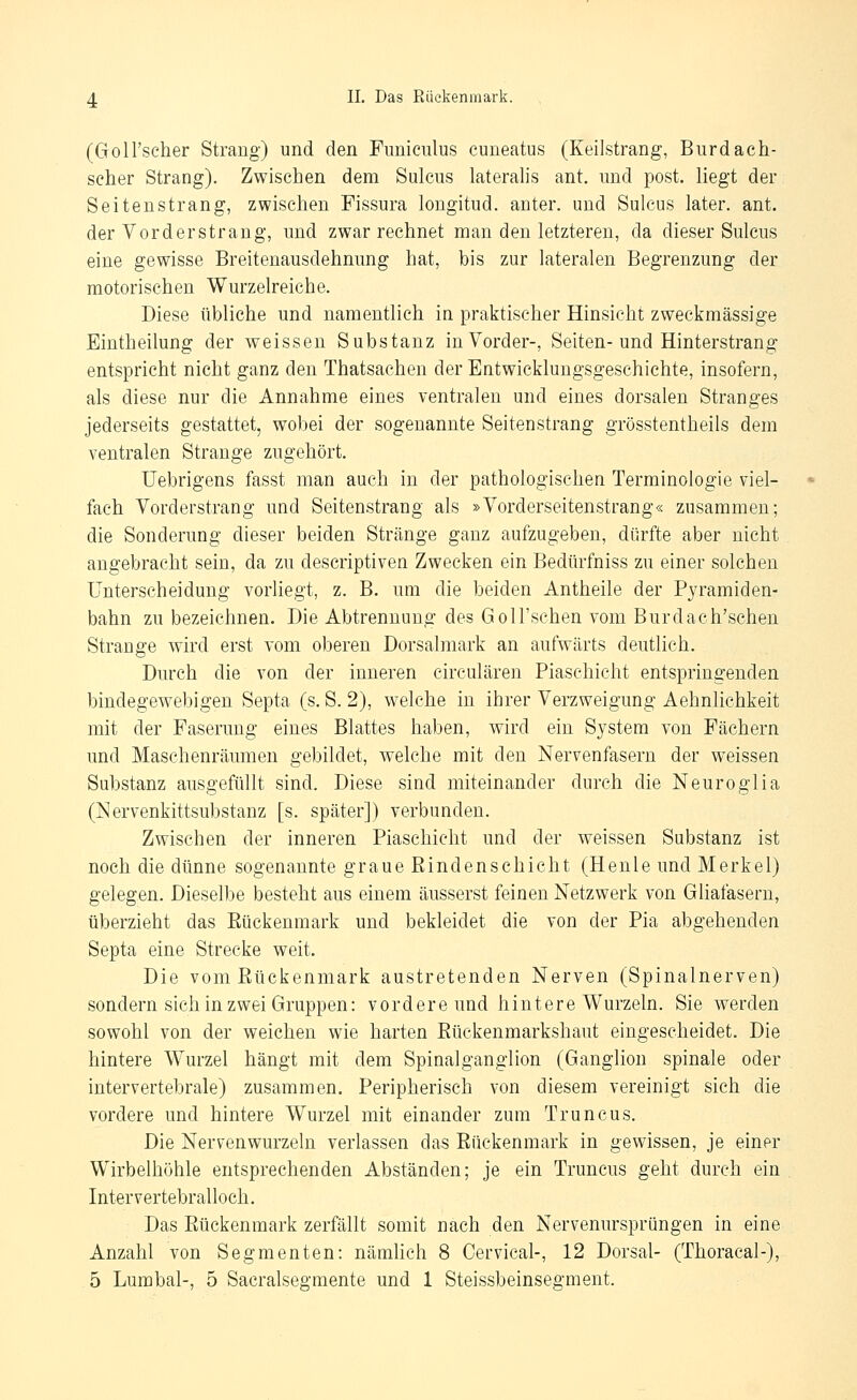 (Goll'scher Strang) und den Fimieiilus cuneatus (Keilstrang, Burdach- scher Strang). Zwischen dem Sulciis lateralis ant, und post. liegt der Seitenstrang, zwischen Fissura longitud. anter. und Sulcus later. ant. der Vorderstrang, und zwar rechnet man den letzteren, da dieser Sulcus eine gewisse Breiteuausdehnung hat, bis zur lateralen Begrenzung der motorischen Wurzelreiche. Diese übliche und namentlich in praktischer Hinsicht zweckmässige Eintheilung der weissen Substanz in Vorder-, Seiten-und Hinterstrang entspricht nicht ganz den Thatsachen der Entwicklungsgeschichte, insofern, als diese nur die Annahme eines ventralen und eines dorsalen Stranges jederseits gestattet, wobei der sogenannte Seitenstrang grösstentheils dem ventralen Strange zugehört. Uebrigens fasst man auch in der pathologischen Terminologie viel- fach Vorderstrang und Seitenstrang als »Vorderseitenstrang« zusammen; die Sonderung dieser beiden Stränge ganz aufzugeben, dürfte aber nicht angebracht sein, da zu descriptiven Zwecken ein Bedürfniss zu einer solchen Unterscheidung vorliegt, z. B. um die beiden Antheile der Pjramiden- bahn zu bezeichnen. Die Abtrennung des GolFschen vom Burdach'schen Strange wird erst vom oberen Dorsalmark an aufwärts deutlich. Durch die von der inneren cireulären Piaschicht entspringenden bindegewebigen Septa (s. S. 2), welche in ihrer Verzweigung Aehnlichkeit mit der Faserung eines Blattes haben, wird ein System von Fächern und Maschenräumen gebildet, welche mit den Nervenfasern der weissen Substanz ausgefüllt sind. Diese sind miteinander durch die Neuroglia (Nervenkittsubstanz [s. später]) verbunden. Zwischen der inneren Piaschiclit und der weissen Substanz ist noch die dünne sogenannte graue Eindenschicht (Henle und Merkel) gelegen. Dieselbe besteht aus einem äusserst feinen Netzwerk von Gliafasern, überzieht das Eückenmark und bekleidet die von der Pia abgehenden Septa eine Strecke weit. Die vom Rückenmark austretenden Nerven (Spinalnerven) sondern sich in zwei Gruppen: vordere und hintere Wurzeln. Sie werden sowohl von der weichen wie harten Eüekenmarkshaut eingescheidet. Die hintere Wurzel hängt mit dem Spinalganglion (Ganglion spinale oder intervertebrale) zusammen. Peripherisch von diesem vereinigt sich die vordere und hintere Wurzel mit einander zum Truncus. Die Nervenwurzeln verlassen das Eückenmark in gewissen, je einer Wirbelhöhle entsprechenden Abständen; je ein Truncus geht durch ein Intervertebralloch. Das Eückenmark zerfällt somit nach den Nervenursprüngen in eine Anzahl von Segmenten: nämlich 8 Cervical-, 12 Dorsal- (Thoracal-),