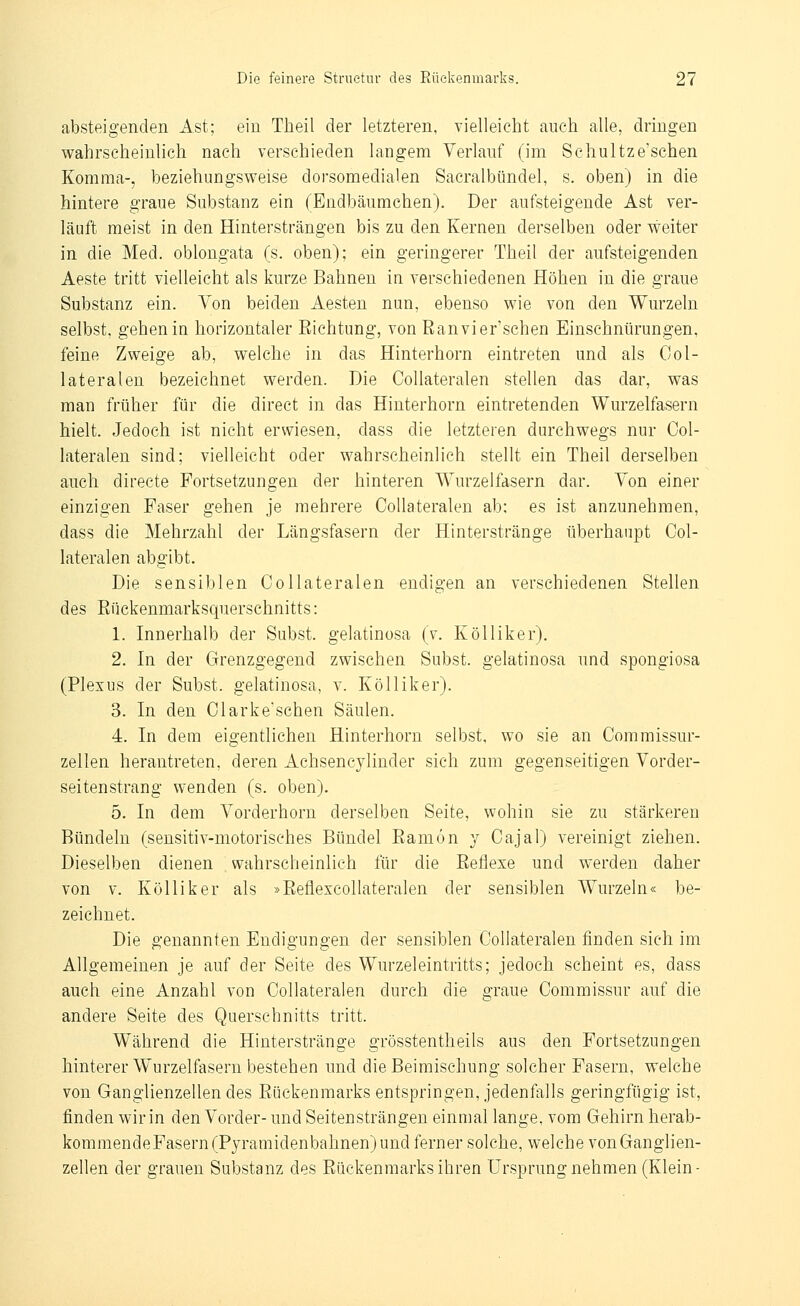 absteigenden Ast; ein Theil der letzteren, vielleicht auch alle, dringen wahrscheinlich nach verschieden langem Verlauf (im Schultze'schen Komma-, beziehungsweise dorsomedialen Sacralbündel, s. oben) in die hintere graue Substanz ein (Endbäumchen). Der aufsteigende Ast ver- läuft meist in den Hintersträngen bis zu den Kernen derselben oder weiter in die Med. oblongata (s. oben); ein geringerer Theil der aufsteigenden Aeste tritt vielleicht als kurze Bahnen in verschiedenen Höhen in die graue Substanz ein. Von beiden Aesten nun, ebenso wie von den Wurzeln selbst, gehen in horizontaler Eichtung, von Ranvier'schen Einschnürungen, feine Zweige ab, welche in das Hinterhorn eintreten und als Col- lateralen bezeichnet werden. Die Collateralen stellen das dar, was man früher für die direct in das Hinterhorn eintretenden Wurzelfasern hielt. Jedoch ist nicht erwiesen, dass die letzteren durchwegs nur Col- lateralen sind; vielleicht oder wahrscheinlich stellt ein Theil derselben auch directe Fortsetzungen der hinteren Wurzelfasern dar. Von einer einzigen Faser gehen je mehrere Collateralen ab: es ist anzunehmen, dass die Mehrzahl der Längsfasern der Hinterstränge überhaupt Col- lateralen abgibt. Die sensiblen Collateralen endigen an verschiedenen Stellen des ßückenmarksquerschnitts: 1. Innerhalb der Subst. gelatinosa (v. Kölliker). 2. In der Grenzgegend zwischen Subst. gelatinosa und spongiosa (Plexus der Subst. gelatinosa, v. Kölliker). 3. In den Clarkeschen Säulen. 4. In dem eigentlichen Hinterhorn selbst, wo sie an Commissur- zellen herantreten, deren Achsencylinder sich zum gegenseitigen Vorder- seitenstrang wenden (s. oben). 5. In dem Vorderhorn derselben Seite, wohin sie zu stärkeren Bündeln (sensitiv-motorisches Bündel Eamön y Cajal) vereinigt ziehen. Dieselben dienen wahrscheinlich für die Eeflexe und werden daher von V. Kölliker als »Eeflexcollateralen der sensiblen Wurzeln« be- zeichnet. Die genannten Endigungen der sensiblen Collateralen finden sich im Allgemeinen je auf der Seite des Wurzeleintritts; jedoch scheint es, dass auch eine Anzahl von Collateralen durch die graue Commissur auf die andere Seite des Querschnitts tritt. Während die Hinterstränge grösstentheils aus den Fortsetzungen hinterer Wurzelfasern bestehen und die Beimischung solcher Fasern, welche von Ganglienzellen des Eückenmarks entspringen, jedenfalls geringfügig ist, finden wir in den Vorder- und Seitensträngen einmal lange, vom Gehirn herab- kommendeFasern (Pyramidenbahnen) und ferner solche, welche von Ganglien- zellen der grauen Substanz des Eückenmarks ihren Ursprung nehmen (Klein-