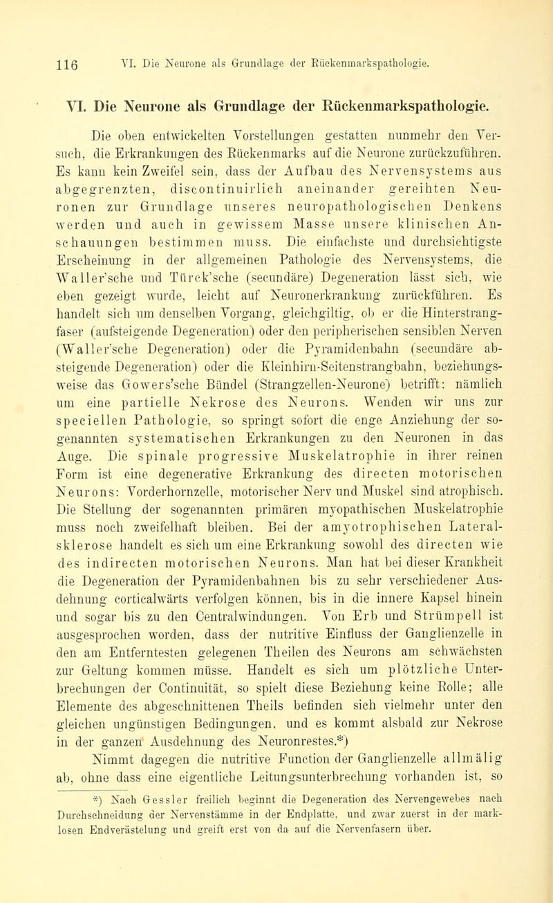 VI. Die Neurone als Grundlage der Rückenmarkspathologie. Die oben entwickelten Vorstellungen gestatten nunmehr den Ver- such, die Erkrankungen des Eückenmarks auf die Neurone zurückzuführen. Es kann kein Zweifel sein, dass der Aufbau des Nervensystems aus abgegrenzten, discontinuirlich aneinander gereihten Neu- ronen zur Grundlage unseres neuropathologischen Denkens w^erden und auch in gewissem Masse unsere klinischen An- schauungen bestimmen muss. Die einfachste und durchsichtigste Erscheinung in der allgemeinen Pathologie des Nervensystems, die Waller'sche und Türck'sche (secundäre) Degeneration lässt sich, wie eben gezeigt wurde, leicht auf Neuronerkrankung zurückführen. Es handelt sich um denselben Vorgang, gleichgiltig, ob er die Hinterstrang- faser (aufsteigende Degeneration) oder den peripherischen sensiblen Nerven (Waller'sche Degeneration) oder die Pyramidenbahn (secundäre ab- steigende Degeneration) oder die Kleinhirn-Seitenstrangbahn, beziehungs- weise das Gowers'sehe Bändel (Strangzellen-Neurone) betrifft: nämlich um eine partielle Nekrose des Neurons. Wenden wir uns zur speciellen Pathologie, so springt sofort die enge Anziehung der so- genannten systematischen Erkrankungen zu den Neuronen in das Auge. Die spinale progressive Muskelatrophie in ihrer reinen Form ist eine degenerative Erkrankung des directen motorischen Neurons: Vorderhornzelle, motorischer Nerv und Muskel sind atrophisch. Die Stellung der sogenannten primären myopathischen Muskelatrophie muss noch zweifelhaft bleiben. Bei der amyotrophischen Lateral- sklerose handelt es sich um eine Erkrankung sowohl des directen wie des indirecten motorischen Neurons. Man hat bei dieser Krankheit die Degeneration der PjTamidenbahnen bis zu sehr verschiedener Aus- dehnung corticalwärts verfolgen können, bis in die innere Kapsel hinein und sogar bis zu den Centralwindungen. Von Erb und Strümpell ist ausgesprochen worden, dass der nutritive Einfluss der Gangiienzelle in den am Entferntesten gelegenen Theilen des Neurons am schwächsten zur Geltung kommen müsse. Handelt es sich um plötzliche Unter- brechungen der Continuität, so spielt diese Beziehung keine Eolle; alle Elemente des abgeschnittenen Theils befinden sich vielmehr unter den gleichen ungünstigen Bedingungen, und es kommt alsbald zur Nekrose in der ganzen Ausdehnung des Neuronrestes.*) Nimmt dagegen die nutritive Function der Ganglienzelle allmälig ab, ohne dass eine eigentliche Leitungsunterbrechung vorhanden ist, so *) Naeli Gressler freilieh beginnt die Degeneration des Nervengewebes nach Durehsehneidung der Nervenstämme in der Endplatte, und zwar zuerst in der mark- losen Endverästelung und greift erst von da auf die Nervenfasern über.