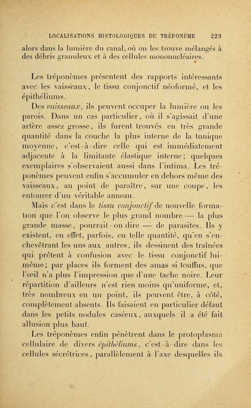 alors dans la lumière du canal, où on les trouve mélangés à des débris granuleux et à des cellules mononucléaires. Les tréponèmes présentent des rapports intéressants avec les vaisseaux, le tissu conjonctif néoformé, et les épithéliums. Des vaisseaux, ils peuvent occuper la lumière ou les parois. Dans un cas particulier, où il s'agissait d'une artère assez grosse, ils furent trouvés en très grande quantité dans la couche la plus interne de la tunique moyenne, c'est-à-dire celle qui est immédiatement adjacente à la limitante élastique interne; quelques exemplaires s'observaient aussi dans l'intima. Les tré- ponèmes peuvent enfin s'accumuler en dehors même des vaisseaux, au point de paraître, sur une coupe, les entourer d'un véritable anneau. Mais c'est dans le tissu conjonctif de nouvelle forma- tion que l'on observe le plus grand nombre — la plus grande masse, pourrait-on dire — de parasites. Ils y existent, en effet, parfois, en telle quantité, qu'en s'en- chevêtrant les uns aux autres, ils dessinent des traînées qui prêtent à confusion avec le tissu conjonctif lui- même; par places ils forment des amas si touffus, que l'œil n'a plus l'impression que d'une tache noire. Leur répartition d'ailleurs n'est rien moins qu'uniforme, et, très nombreux en un point, ils peuvent être, à côté, complètement absents. Ils faisaient en particulier défaut dans les petits nodules caséeux, auxquels il a été fait allusion plus haut. Les tréponèmes enfin pénètrent dans le protoplasma cellulaire de divers épithéliums, c'est-à-dire dans les cellules sécrétrices, parallèlement à l'axe desquelles ils