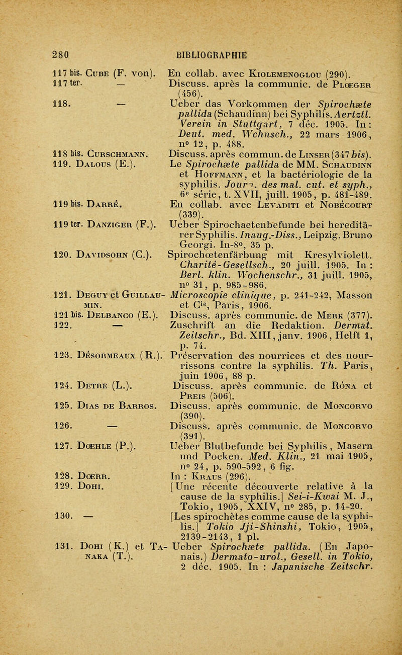 117 bis. Cube (F. von). 117 ter. _ 118. — 118 bis. CURSCHMANN. 119. Dalous (E.). 119 bis. Darré. 119 ter. Dais'ziger (F.). 120. Davidsohn (G.). 121. Deguy et GuiLLAu- MIN, 121 bis. Delbanco (E.). 122. — 123. désormeaux (r.). 124. Detre (L.). 125. DiAS DE Barros. 126. — 127. DOEHLE (P.), 128. Doerr. 129. DoHi. 130. — 131. DoHi (K.) et Ta naka (T.). En collab. avec Kiolemenoglou (290). Discuss. après la communie, de Plceger (456). Ueber das Vorkommen der Spirochsete pallida {Schaudinn) bei Syphilis,^erfzff, Verein in Stuttgart, 7 déc. 1905. In: Dent. med. Wchnsch., 22 mars 1906, no 12, p. 488. Discuss. après commun, de Linser(347 bis). Le Spirochsete pallida de MM. Schaudinn et Hoffmann, et la bactériologie de la syphilis. JoiirK des mal. eut, et syph., 6e série, t. XVII, juill. 1905, p. 481-489. En collab. avec Levaditi et Nobécourt (3.39). Ueber Spirochaetenbefunde bei hereditâ- rer Syphilis. Inaug.-Diss., Leipzig. Bruno Georgi. In-8o, 35 p. Spirochœtenfârbung mit Kresylviolett. Charité-Gesellsch., 20 juill. 1905. In: Berl. klin. Wochenschr., 31 juill. 1905, no 31, p. 985-986. Microscopie clinique, p. 241-242, Masson et Gie, Paris, 1906. Discuss. après communie, de Merk (377). Zuschrift an die Redaktion. Dernlat. Zeitschr., Bd. XIII, janv. 1906, Helft 1, p. 74. Préservation des nourrices et des nour- rissons contre la syphilis. Th. Paris, juin 1906, 88 p. Discuss. après communie, de Rôna et Preis (506). Discuss. après communie, de Moncorvo (390). Discuss. après communie, de Moncorvo (391). Ueber Blutbefunde bei Syphilis , Masern und Pocken. Med. Klin., 21 mai 1905, no 24, p. 590-592, 6 fig. In : Kraus (296). [Une récente découverte relative à la cause de la syphilis,] Sei-i-Kwai M. J., Tokio, 1905, XXIV, no 285, p. 14-20. [Les spirochètes comme cause de la syphi- lis.] Tokio Jji-Shinshi, Tokio, 1905, 2139-2143, 1 pi. - Ueber Spirochsete pallida. (En Japo- nais.) Dermato-urol., Gesell. in Tokio, 2 déc. 1905. In : Japanische Zeitschr.