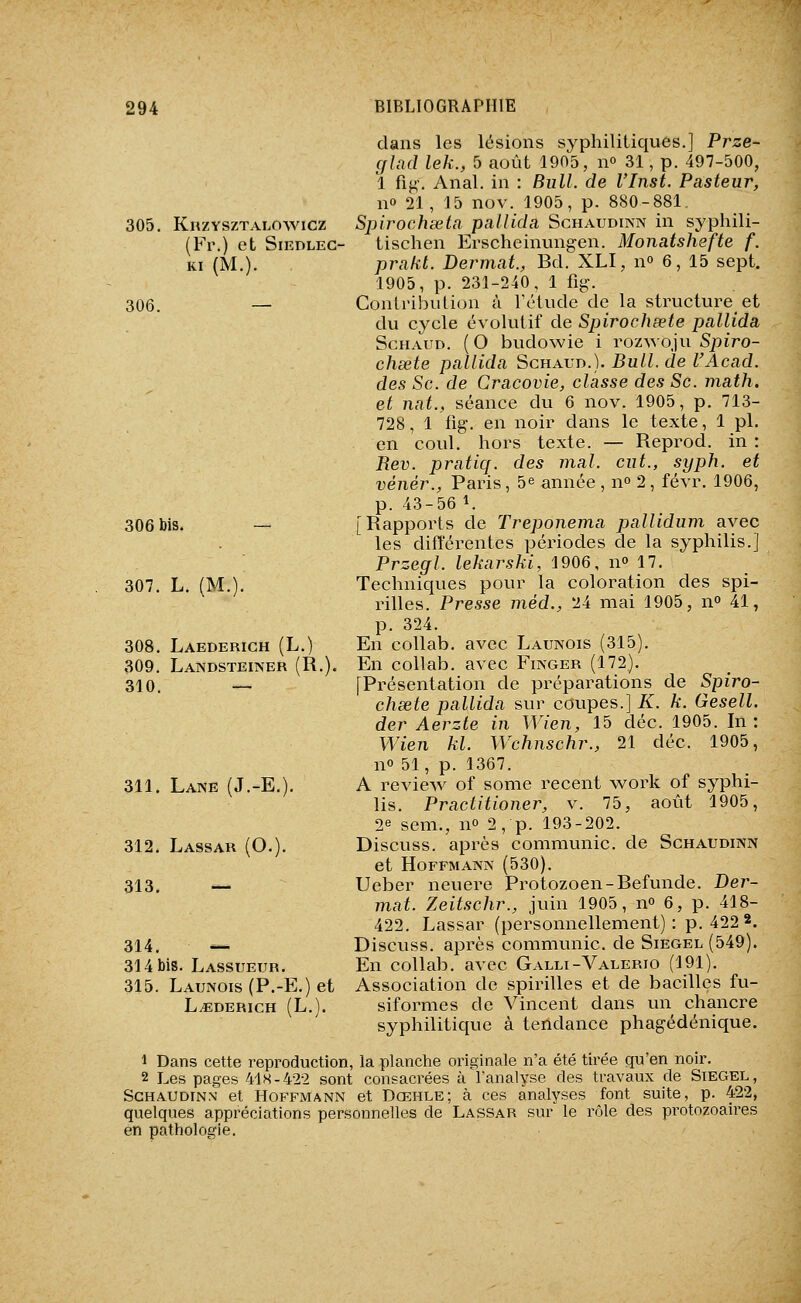 305. KnZYSZTALOWICZ (Fr.) et SiEDLEG- KI (M.). 306. — 294 BIBLIOGRAPHIE dans les lésions syphilitiques.] Prze- cfJnd lek., 5 août 1905, no 31, p. 497-500, 1 fij-'. Anal, in : Bull, de l'Inst. Pasteur, no 21, 15 nov. 1905, p. 880-881, Spirochœtn pallida Schaudinn in syphili- tischen Erscheinungen. Monatshefte f. prakt. Dermat., Bd. XLI, n» 6, 15 sept. 1905, p. 231-240, 1 fig. Contribution à rétude de la str-ucture^ et du cycle évolutif de Spirochœte pallida ScHAUD. (O budowie i roz-svoju Spiro- chœte pallida Schaud.). Bull, de l'Acad. des Se. de Cracovie, classe des Se. math, et liai., séance du 6 nov. 1905, p. 713- 728, 1 fig. en noir dans le texte, 1 pi. en coul. hors texte. — Reprod. in : Rev. pratiq. des mal. eut., syph. et vénér., Paris, 5^ année , n» 2, févr. 1906, p. 43-56 1. [Rapports de Treponema pallidum avec les différentes périodes de la syphilis.] Przegl. lekarski, 1906, n» 17. Techniques pour la coloration des spi- rilles. Presse méd., 24 mai 1905, n» 41, p. 324. En collab. avec Launois (315). En collab. avec Finger (172). [Présentation de préparations de Spiro- chsete pallida sur coupes.] K. k. Gesell. der Aerzte in Wien, 15 déc. 1905. In : Wien kl. Wchnschr., 21 déc. 1905, no 51, p. 1367. A review of some récent work of syphi- lis. Practitioner, v. 75, août 1905, 2e sem., no 2, p. 193-202. Discuss. après commvmic. de Schaudinn et Hoffmann (530). Ueber neuere Protozoen-Befunde. Der- mat. Zeitschr., juin 1905, no 6, p. 418- 422. Lassar (personnellement): p. 422*. Discuss. après communie, de Siegel(549). En collab. avec Galli-Valerio (191). Association de spirilles et de bacilles fu- siformes de Vincent dans un chancre syphilitique à tendance phagédénique. 1 Dans cette reproduction, la planche originale n'a été tirée qu'en noir. 2 Les pages 4'l8-42-2 sont consacrées à l'analyse des travaux de Siegel, Schaudinn et Hoffmann et Dœhle; à ces analyses font suite, p. 422, quelques appréciations personnelles de Lassar sur le rôle des protozoaires en pathologie. 306 bis. 307. L. (M.). 308. Laederich (L.) 309. Landsteiner (R.). 310. — 311. Lane (J.-E.). 312. Lassar (O.). 313. — 314. — 314 bis. Lassueur. 315. Launois(P.-E.) et L^DERICH (L.).