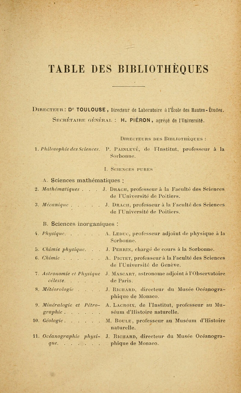 TABLE DES BIBLIOTHÈQUES Directeur: D^ TOULOUSE, Directeur de Laboratoire à l'École des Hautes-Études. Secrétaire général : H. PIÉRON, agrégé de l'Université. Directeurs des Bibliothèques : 1. Philosophie des.Sciences. P. Painlevé, de l-Institut, professeur à la Porbonne. I. Sciences pures A. Sciences mathématiques : 2. Mathématiques . . . J. Drach, professeur à la Faculté des Sciences de l'Université de Poitiers. 3. Mécanique J. Dracii, professeur à la Faculté des Sciences de l'Université de Poitiers. B. Sciences inorganiques : 4. Physique A. Leduc, professeur adjoint de physique à la Sorbonne. 5. Chimie physique. . . J. Perrix, chargé de cours à la Sorbonne. 6. Chimie A. Pictet, professeur à la Faculté des Sciences de l'Université de Genève. 7. Astronomie et Physique .T. Mascart. astronome adjoint à l'Observatoire céleste de Paris. 8. Météorologie . . . . J. Richard, directeur du Musée Océanogra- phique de Monaco. 9. Minéralogie et Pétro- A. Lacroix, de l'Institut, professeur au Mu- graphie séum d'Histoire naturelle. 10. Géologie M. Boule, professeur au Muséum d'Histoire naturelle. 11. Océanographie physi- J. Richard, directeur du Musée Océanogra- qiie phique de Monaco.