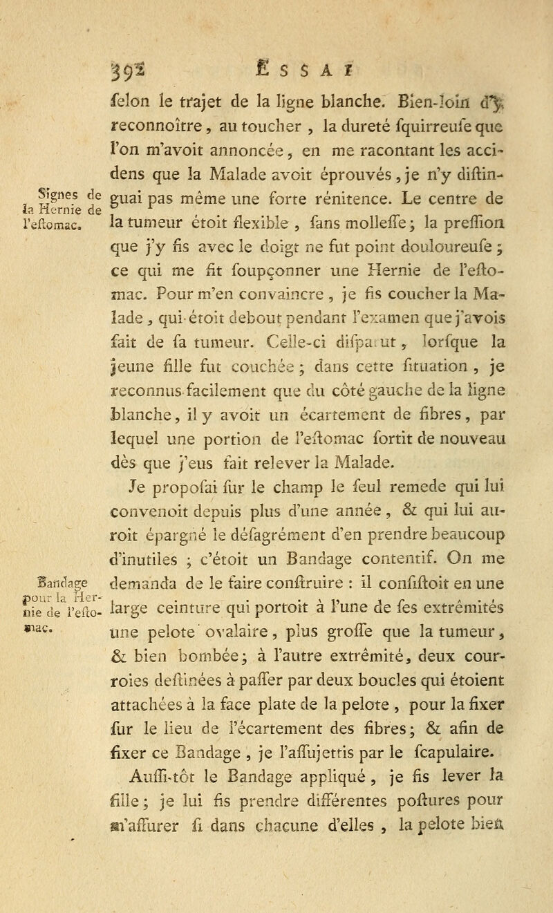 Teilomac. félon le trajet de la ligne blanche. Bien-loin ù% reconnoître, au toucher , la dureté fquirreufe que l'on m'avoit annoncée, en me racontant les acci- dens que la Malade avoit éprouvés, je n'y diftin- Signes de gUai pas même une forte rénitence. Le centre de la Hernie de f r la tumeur étoit flexible , fans molleffe ; la preffion que j'y fis avec le doigt ne fut point douloureufe ; ce qui me fit foupçonner une Hernie de l'efto- mac. Pour m'en convaincre , je fis coucher la Ma- lade , qui-étoit debout pendant l'examen que j'avois fait de fa tumeur. Celle-ci difpa^ut, lorfque la jeune fille fut couchée ; dans cette fituation , je reconnus facilement que du côté gauche de la ligne blanche, il y avoit un écartement de fibres, par lequel une portion de l'eilomac fortit de nouveau dès que j'eus fait relever la Malade. Je propofai fur le champ le feul remède qui lui convenoit depuis plus d'une année , & qui lui au- roit épargné le défagrément d'en prendre beaucoup d'inutiles ; c'étoit un Bandage contentif. On me demanda de le faire construire : il confiftoit en une large ceinture qui portoit à l'une de fes extrémités une pelote ovalaire, plus groffe que la tumeur, & bien bombée; à l'autre extrémité, deux cour- roies deftinées à paffer par deux boucles qui étoient attachées à la face plate de la pelote , pour la fixer fur le lieu de l'écartement des fibres; & afin de fixer ce Bandage , je l'affujetris par le fcapulaire. Auffi-tôt le Bandage appliqué, je fis lever la fille ; je lui fis prendre différentes pofhires pour m'afFurer û dans chacune d'elles , la pelote bien Bandage pour la Her ttie de l'efto «nac.
