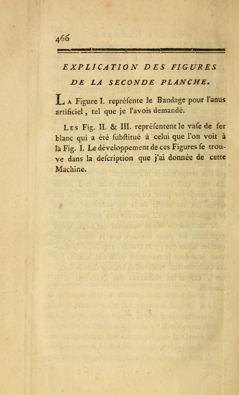m ■■■■■■i^liiiiiii«i«iMHMiB<iWi^lMrt———n—l—ll» » . I I . .t . , I , EXPLICATION DES FIGURES DE LA SECONDE PLANCHE. L A Figure I. repréfente le Bandage pour l'anus artificiel, tel que je l'avois demandé. Les Fig. IL & III. repréfententle vafe de fer blanc qui a été fubftitué à celui que l'on voit à la Fig. L Le développement de ces Figures fe trou- ve dans la defcription que j'ai donnée de cette Machine.