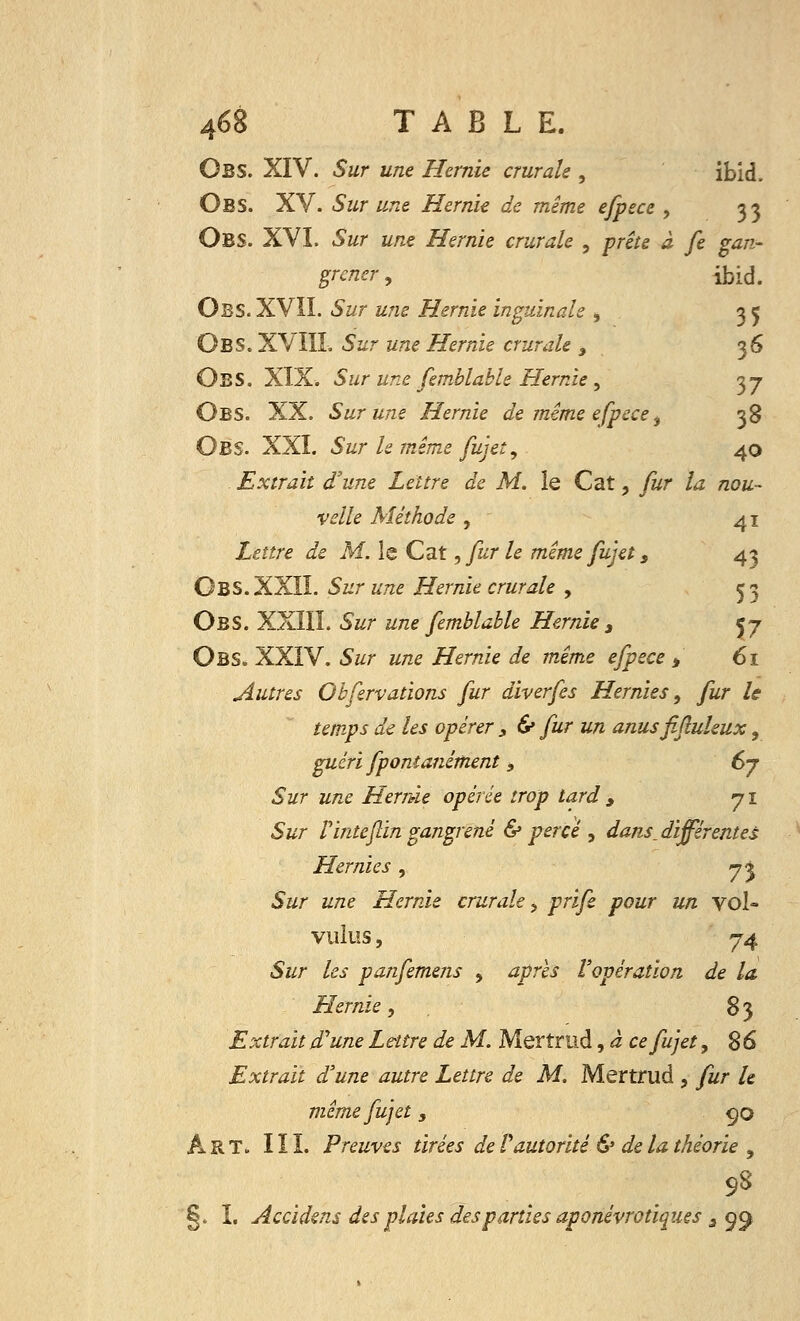 ÛBS. XIV. Sur une Hernie crurale , ibid. Obs. XV. Sur une Hernie de même efpece , 33 Ob$. XVI. Sur une Hernie crurale , prête à fe gan- grener , ibid. Obs. XVII. Sur une Hernie inguinale * 35 Obs. XVIII. Sur une Hernie crurale 3 36 Obs. XIX. Sur une femblable Hernie , 37 Obs. XX. Sur une Hernie de même efpece, 38 Obs. XXI. Sur le même fujet, 40 Extrait d'une Lettre de M. le Cat, fur la nou- velle Méthode, 41 Lettre de M. le Cat, fur le même fujet s 43 Obs. XXII. Sur une Hernie crurale , 5 3 Obs. XXIII. Sur une femblable Hernie 3 57 Obs. XXIV. Sur une Hernie de même efpece > 61 Autres Obfervations fur diverfes Hernies, fur le temps de les opérer , & fur un anus fiftuleux, guéri fpontanément, 67 Sur une Hernie opérée trop tard y 71 Sur Vinte (lin gangrené & perce , dans, différentes Hernies, 7* Sur une Hernie crurale ? prife pour un vol- vulus, 74 Sur les panfemens > après l'opération de la. Hernie, 83 Extrait d'une Lettre de M. Mertrud, à ce fujet, 8 6 Extrait d'une autre Lettre de M. Mertrud , fur le même fujet, 90 ART. III. Preuves tirées de Vautorité & de la théorie 9 98 §. I. Accidens des plaies des parties aponévrotiques 3 99