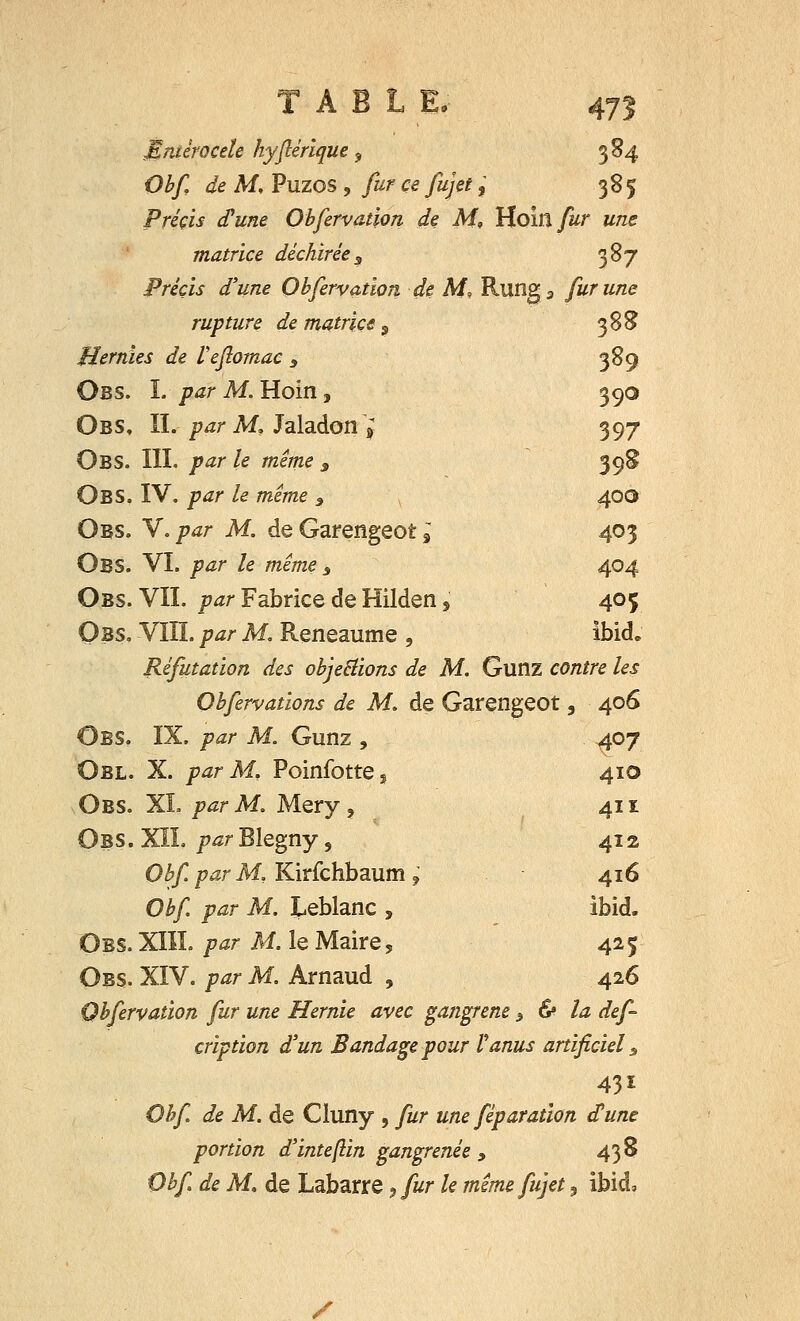 TABL E. 47? Mntêrocele hyflérique ? 384 Obf de M, Puzos, fur ce fujet, 385 Précis d'une Obfervaûon de M, Hoill fur une matrice déchirée 9 387 Précis d'une Obfervaûon. de M, Rung3 fur une rupture de matrice ? 388 Hernies de Veftomac 9 389 Obs. I. par M. Hoin , 390 Obs, II. par M* Jaladon » 397 Obs. III. par le même 9 39S OBS. IV. par le même 3 400 Obs. V. par M. de Garengeot à 403 Obs. VI. par le même i 404 Obs. VII. par Fabrice de Hilden, 405 Obs. VIII. par M. Reneaume , ibid» Réfutation des obje&ions de M. Gunz contre les Obfervations de M. de Garengeot, 406 Obs. IX. par M. Gunz , 407 Obl. X. par M. Poinfottes 410 Obs. XL par M. Mery , 411 Obs. XII. par Blegny 5 412 Obf par M, Kirfchbaum ; 416 Obf par M. Leblanc , ibid. Obs. XIIL par M. le Maire, 425 Obs. XIV. par M. Arnaud , 426 Obfervaûon fur une Hernie avec gangrené} & la def cription d'un Bandage pour l'anus artificiel s 431 Obf de M. de Cluny , fur une fêparation d'une portion d'inteflin gangrenée , 438 Obf. de M. de Labarre ^fur le même fujet 5 ibid, •