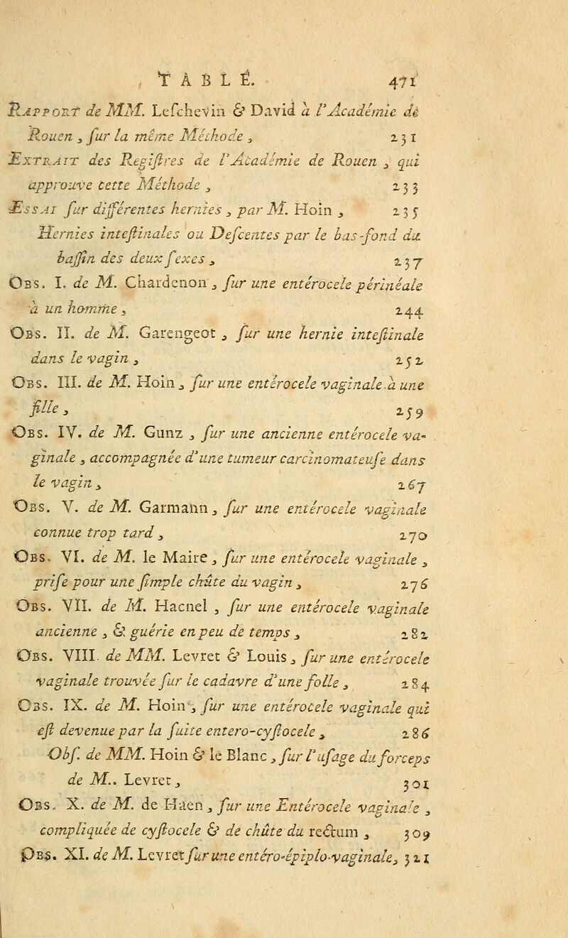 &ATPO&T de MM. Lefchevih & David a l'Académie de Rouen 3 fur la même Méthode 3 231 Extrait des Regifires de l'Académie de Rouen 3 qui approuve Cette Méthode 3 233 £ssai fur différentes hernies 3 par M. Hoin 3 235 Hernies inteflinales ou Defcent es par le h as-fond du. bajfin des deux fexes 3 2.3 7 Ces, I. de M. Chardenon 3 fur une entéroceïe périnéale à un homme , 244 Obs. ïî. de M. Garengeot 3 fur une hernie intefùnale dans le vagin 3 252 Obs. III. de M. Hoin 3 fur une entéroceïe vaginale.a. une fille, 259 Cbs. IV. de M. Gunz 3 fur une ancienne entéroceïe va' ginale 3 accompagnée d'une tumeur carcinomateufe dans le vagin y 2^7 Obs. V. de M. Garmaim, fur une entéroceïe vaginale connue trop tard 3 270 Obs, VI. de M, le Maire., fur une entéroceïe vaginale 3 prife pour une fimple chute du vagin 3 2 7 £ Obs. VIL de M. Hacnei , fur une entéroceïe vaginale ancienne 3 &, guérie en peu de temps 3 282 Obs. VIII. de MM. Levret & Louis 3 fur une entéroceïe vaginale trouvée fur le cadavre d'une folle 3 284 Obs. IX. de M. Wo\\v3 fur une entéroceïe vaginale qui efi devenue par la fuite entero-cyftocele , 2 8 £ Obf. de MM. Hoin & lé Blanc .furl'afage du forceps de M.. Levret., ^oi Obs. X. de M. de Haen 3 fur une Entéroceïe va^ina'e , compliquée de cyfiocele & de chute du rectum 3 309