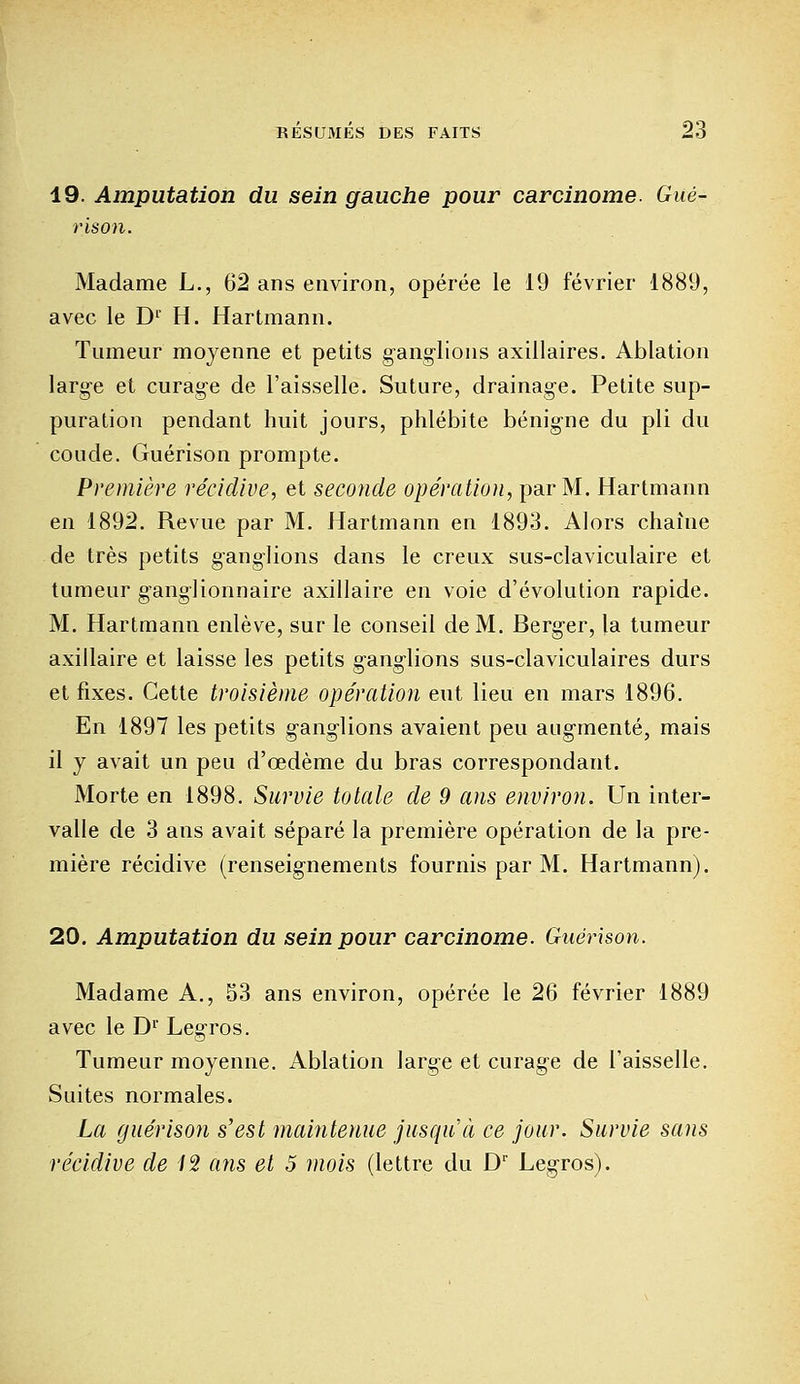 19. Amputation du sein gauche pour carcinome. Gué- ris on. Madame L., 62 ans environ, opérée le 19 février 1889, avec le D1 H. Hartmann. Tumeur moyenne et petits ganglions axillaires. Ablation large et curage de l'aisselle. Suture, drainage. Petite sup- puration pendant huit jours, phlébite bénigne du pli du coude. Guérison prompte. Première récidive, et seconde opération, par M. Hartmann en 1892. Revue par M. Hartmann en 1893. Alors chaîne de très petits ganglions dans le creux sus-claviculaire et tumeur ganglionnaire axillaire en voie d'évolution rapide. M. Hartmann enlève, sur le conseil de M. Berger, la tumeur axillaire et laisse les petits ganglions sus-claviculaires durs et fixes. Cette troisième opération eut lieu en mars 1896. En 1897 les petits ganglions avaient peu augmenté, mais il y avait un peu d'œdème du bras correspondant. Morte en 1898. Survie totale de 9 ans environ. Un inter- valle de 3 ans avait séparé la première opération de la pre- mière récidive (renseignements fournis par M. Hartmann). 20. Amputation du sein pour carcinome. Guérison. Madame A., 53 ans environ, opérée le 26 février 1889 avec le D1* Legros. Tumeur moyenne. Ablation large et curage de l'aisselle. Suites normales. La guérison s'est maintenue jusqu'à ce jour. Survie sans récidive de 12 ans et 5 mois (lettre du Dr Legros).