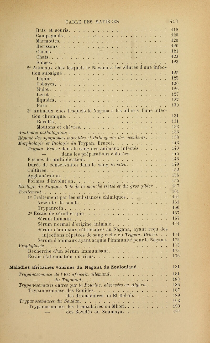 Rats et souris 118 Campagnols • 120 Marmottes 120 Hérissons 120 Chiens 121 Chats 122 Singes 123 2° Animaux chez lesquels le Nagana a les allures d'une infec- tion subaiguë 125 Lapins 125 Cobayes 126 Mulot 126 Lérot 127 Équidés 127 Porc • • • ■ 130 3° Animaux chez lesquels le Nagana a les allures d'une infec- tion chronique 131 Bovidés 131 Moutons et chèvres 133 Anatomie pathologique 136 Résumé des symptômes morbides et Pathogénie des accidents 138 Morphologie et Biologie du Trypan. Brucei 143 Trypan. Brucei dans le sang des animaux infectés 143 dans les préparations colorées 145 Formes de multiplication, 146 Durée de conservation dans le sang in vitro 149 Cultures 152 Agglomération 154 Formes d'involution 155 Étiologie du Nagana. Rôle de la mouche tsétsé et du gros gibier . . . 157 Traitement 161 1° Traitement par les substances chimiques 161 Arsénite de soude 161 Trypanroth 166 2° Essais de sérothérapie 167 Sérum humain 167 Sérum normal d'origine animale 171 Sérum d'animaux réfractaires au Nagana, ayant reçu des injections répétées de sang riche en Trxjpan. Brucei. . . 171 Sérum d'animaux ayant acquis l'immunité pour le Nagana. 172 Prophylaxie 173 Recherche d'un sérum immunisant 173 Essais d'atténuation du virus 176 Maladies africaines voisines du Nagana du Zoulouland 181 Trypanosomiase de l'Est africain allemand 181 — du Togoland. 183 Trypanosomiases autres que la Dourine, observées en Algérie 186 Trypanosomiase des Équidés 187 — des dromadaires ou El Debab .189 Trypanosomiases du Soudan 193 Trypanosomiase des dromadaires ou Mbori 193 — des Bovidés ou Soumaya 197