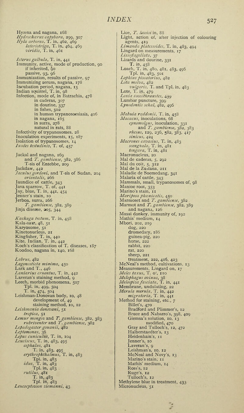 Hysena and nagana, 168 Hydrochcerus capybara, 299, 307 Hyla arborea, T. in, 462, 469 lateristriga, T. in, 464, 469 viridis, T. in, 461 Icterus galbu la, T. in, 441 Immunity, active, mode of production, 90 if inherited, 90 passive, 93, 96 Immunization, results of passive, 97 Immunizing serum, nagana, 178 Incubation period, nagana, 15 Indian squirrel, T. in, 98 Infection, mode of, in Batrachia, 478 in caderas, 307 in dourine, 337 in fishes, 502 in human trypanosomiasis, 406 in nagana, 165 in surra, 278 natural in rats, 88 Infectivity of trypanosomes, 28 Inoculation experiments, 15, 187 Isolation of trypanosomes, 14 Ixodes testudinis, T. of, 457 Jackal and nagana, 169 and T. gambiense, 382, 386 T-sis of Entebbe, 209 Jackdaw, 442 Jaculus gordoni, and T-sis of Sudan, 204 orientalis, 266 Jaundice of cattle, 343 Java sparrow, T. of, 441 Jay, blue, T. in, 441, 454 Jenner's stain, 10 Jerboa, surra, 266 T. gambiense, 382, 389 Jinja disease, 205, 344 Kachuga tectum, T. in, 458 Kala-azar, 48, 51 Karyosome, 51 Kinetonucleus, 21 Kingfisher, T. in, 440 Kite, Indian, T. in, 442 Koch's classification of T. diseases, 187 Koodoo, nagana in, 140, 168 Labrus, 482 Lagonosticta minima, 450 Lark and T., 446 Laniarius critentus, T. in, 442 Laveran's staining method, 9 Leech, morbid phenomena, 507 Tpl. in, 499, 504 T. in, 474, 504 Leishman-Donovan body, 10, 48 development of, 49 staining method, 10, 12 Leishmania donovani, 51 tropica, 51 Lemur mongoz and T. gambiense, 382, 383 rubriventer and T. gambiense, 382 Lepadogastergouanii, 482 Leptomonas, 36 Lepus cuniculus, T. in, 104 Leuciscus, T. in, 483, 495 cephalic s, 481 T. in, 483, 495 erythrophthalmus, T. in, 483 Tpl. in, 483 idus, T. in, 483 Tpl. in, 483 rutilus, 481 T. in, 483 Tpl. in, 483 Leucocytozoon ziemanni, 43 Lice, T. lewisi in, 88 Light, action of, after injection of colouring agents, 419 Limanda platessoides, T. in, 483, 494 Lingard on measurements, 17 Lissoflagellata, 37 Lizards and dourine, 331 T. in, 458 Loach, T. in, 480, 481, 483, 496 Tpl. in, 483, 501 Lophius piscatorius, 482 Lota molva, afi-z vulgaris, T. and Tpl. in, 483 Lote, T. in, 479 Loxia coccotkraustes, 439 Lumbar puncture, 399 Lynodonlis schal, 482, 496 Mabuia raddonii, T. in, 458 Macacus, inoculations, 68 cynomolgus, inoculation, 331 and T. gambiense, 382, 383 rhesus, 129, 236, 582, 383, 417 sinicus, 424 Macrones cavasius, T. in, 483 see?ighala, T. in, 481 tengara, T. in, 481 Macronucleus, 20 Mal de caderas, 5, 292 Mal du coït, 5, 312 Mal de la Zusfana, 211 Maladie de Soemedang, 341 Malaria of cattle, 343 Mammals, small, trypanosomes of, 98 Manioc root, 353 Marino's stain, 11 Mariposa phœnicatis, 450 Marmoset and T. gambiense, 382 Marmot and T. gambiense, 382, 389 and nagana, 126 Masai donkey, immunity of, 192 Mathis' medium, 14 Mbori, 202, 219 dog, 220 dromedary, 186 guinea-pig, 220 horse, 222 rabbit, 220 rat, 220 sheep, 221 treatment, 222, 416, 423 McNeal's method, cultivations, 13 Measurements, Lingard on, 17 Mêles taxus, T. of, no Melophagus ovinus, 38 Melospiza fasciata, T. in, 441 Membrane, undulating, 22 Merula merit la, T. in, 442 mig?'atoria, T. in, 441 Method for staining, etc., 7 Billet's, 470 Bradford and Plimmer's, 12 Bruce and Nabarro's, 398, 409 Giemsa's solution, 10, 13 modified, 470 Gray and Tulloch's, 12, 472 Halberstaedter's, 13 Heidenhain's, n Jenner's, 10 Laveran's, 9 Leishman's, 10, 12 McNeal and Novy's, 13 Marino's stain, n Mathis' medium, 14 Ross's, 12 Ruge's, 12 Tulloch's, 12 Methylene blue in treatment, 433 Micronucleus, 51