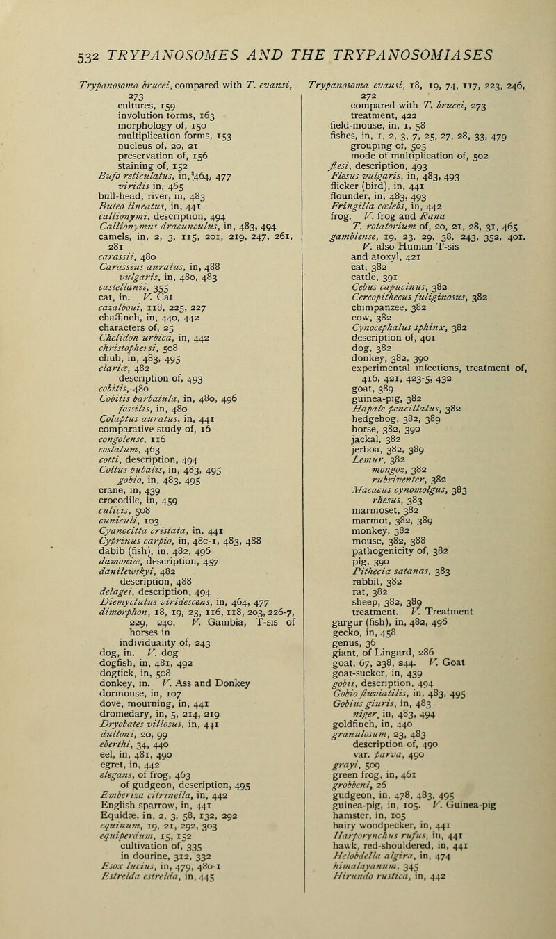 Trypanosoma brucei, compared with T. evansi, 273 cultures, 159 involution torms, 163 morphology of, 150 multiplication forms, 153 nucleus of, 20, 21 preservation of, 156 staining of, 152 Bufo reticulatus, in,'464., 477 viridis in, 465 bull-head, river, in, 483 Buteo /meatus, in, 441 callionymi, description, 494 Callionymus dracunculus, in, 483, 494 camels, in, 2, 3, 115, 201, 219, 247, 261, 281 carassii, 480 Carassius auratus, in, 488 vulgaris, in, 480, 483 castellanii, 355 cat, in. V. Cat cazalboui, 118, 225, 227 chaffinch, in, 440, 442 characters of, 25 Che lido n urbica, in, 442 Christophe? si, 508 chub, in, 483, 495 clarice, 482 description of, 493 cobitis, 480 Cobitis barbatula, in, 480, 496 fossilis, in, 480 Colaptus auratus, in, 441 comparative study of, 16 congolense, 116 costatum, 463 cotti, description, 494 Coitus bubalis, in, 483, 495 gobio, in, 483, 495 crane, in, 439 crocodile, in, 459 culicis, 508 cuniculi, 103 Cyanocitta cristata, in, 441 Cyprifius carpio, in, 48C-1, 483, 488 dabib (fish), in, 482, 496 damonice, description, 457 danilewskyi, 482 description, 488 delagei, description, 494 Diemyctulus viridescens, in, 464, 477 dimorphon, 18, 19, 23, 116, 118, 203, 226-7, 229, 240. V. Gambia, T-sis of horses in individuality of, 243 dog, in. V. dog dogfish, in, 481, 492 dogtick, in, 508 donkey, in. V. Ass and Donkey dormouse, in, 107 dove, mourning, in, 441 dromedary, in, 5, 214, 219 Dryobates villosus, in, 44.1 duttoni, 20, 99 eberthi, 34, 440 eel, in, 481, 490 egret, in, 442 elegans, of frog, 463 of gudgeon, description, 495 Emberiza citritiella, in, 442 English sparrow, in, 441 Equidae, in, 2, 3, 58, 132, 292 equinum, 19, 21, 292, 303 equiperdum, 15, 152 cultivation of, 335 in dourine, 312, 332 Esox lucius, in, 479, 480-1 Est re Id a es ire Ida, in, 445 Trypanosoma evansi, 18, 19, 74, 117, 223, 246, 272 compared with T. brucei, 273 treatment, 422 field-mouse, in, 1, 58 fishes, in, 1, 2, 3, 7, 25, 27, 28, 33, 479 grouping of, 505 mode of multiplication of, 502 Jlesi, description, 493 Flesus vulgaris, in, 483, 493 flicker (bird), in, 441 flounder, in, 483, 493 Fringilla cœlebs, in, 442 frog. V. frog and Rana T. rolatorium of, 20, 21, 28, 31, 465 gambiense, 19, 23, 29, 38, 243, 352, 401. V, also Human T-sis and atoxyl, 421 cat, 382 cattle, 391 Cebus capucinus, 382 Cercopithecus fuliginosus, 382 chimpanzee, 382 cow, 382 Cynocephalus sphinx, 382 description of, 401 dog,382 donkey, 382, 390 experimental mfections, treatment of, 416, 421, 423-5, 432 goat, 389 guinea-pig, 382 Hapale pejicillatus, 382 hedgehog, 382, 389 horse, 382, 390 jackal, 382 jerboa, 382, 389 Lemur, 382 mongoz, 382 rubriventer, 382 Macacus cynomolgus, 383 rhesus, 383 marmoset, 382 marmot, 382, 389 monkey, 382 mouse, 382, 388 pathogenicity of, 382 pig. 390 Pithecia satanas, 383 rabbit, 382 rat, 382 sheep, 382, 389 treatment. V. Treatment gargur (fish), in, 482, 496 gecko, in, 458 genus, 36 giant, of Lingard, 286 goat, 67, 238, 244. V. Goat goat-sucker, in, 439 gobii, description, 494 Gobio fluviatilis, in, 483, 495 Gobius giuris, in, 483 niger, in, 483, 494 goldfinch, in, 440 granulosum, 23, 483 description of, 490 var. parva, 490 grayi, 509 green frog, in, 461 grobbent, 26 gudgeon, in, 478, 483, 495 guinea-pig, in, 105. V. Guinea-pig hamster, in, 105 hairy woodpecker, in, 441 Harporynchus rufus, in, 441 hawk, red-shouldered, in, 441 He lob del la algira, in, 474 himalayanum, 345 hiruinlo rustica, in, 442