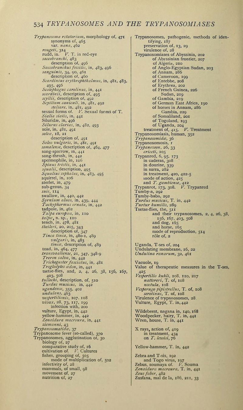 Trypanosoma rotator ium, morphology of, 471 synonyms of, 465 var. nana, 462 rougeti, 314 rudd, in. V. T. in red-eye saccobranchi, 483 description of, 496 Saccobranchus fossitis, in, 483, 496 sanguinis, 34, 90, 461 description of, 460 Scardinius erythrophthalmus, in, 481, 483, 495- 40 Scolephagtis carohnus, in, 441 scardinii, description of, 495 scyllii, description of, 492 Scyilium caniculi, in, 481, 492 stellare, in, 481, 492 sexual forms of. V. Sexual forms of T. Sialia sialis, in, 441 Siluridae, in, 496 Silurus clarias, in, 482, 493 sole, in, 481, 491 SOkœ, l8, 21 description of, 491 Solea vulgaris, in, 481, 491 somalense, description of, 464, 477 song-sparrow, in, 441 song-thrush, in, 442 spermophile, in, 106 Spinas tristis, in, 441 squalii, description, 495 Squalius cephalus, in, 483, 495 squirrel, in, 106 sterlet, in, 479 sub-genus, 34 suis, 114 swallow, in, 440, 442 Syrnium ahico, in, 439, 444 Tachyplwrmus ornata, in, 442 tadpole, in, 462 Talpa europœa, in, no talpce, n. sp., no tench, in, 478, 481 theileri, 20, 205, 343 description of, 347 Tinea tinea, in, 480-1, 489 vulgaris, in, 483 tincœ, description of, 489 toad, in, 464, 477 transvaaliense, 21, 347, 348-9 Treron calva, in, 442 Trichogasterfasciatus, in, 481 Troglodytes œdon, in, 441 tsetse-flies, and, 2, 4, 26, 38, 156, 167, 403- S°8 tullochi, description, of, 510 Turdus musicus, in, 442 ugandense, 355, 402 ■undulans, 463 vespertilionis, 107, 108 vivax, 28, 73, 117, 199 infection with, 200 vulture, Egypt, in, 442 yellow-hammer, in, 442 Zenaidura macroura, in, 441 ziemanni, 43 Trypanosomatidce, 37 Trypanoscme fever (so-called), 370 Trypanosomes, agglutination of, 30 biology of, 27 comparative study of, 16 cultivation of. / '. Cultures fishes, grouping of, 505 mode of multiplication of, 502 infectivity of, 28 mammals, of small, 98 movement of, 27 nutrition of, 27 Trypanosomes, pathogenic, methods of iden- tifying, 187 preservation of, 13, 29 virulence of, 28 Trypanosomiases of Abyssinia, 202 of Abyssinian frontier, 207 of Algeria, 210 of Anglo-Egyptian Sudan, 203 of Annam, 286 of Cameroon, 199 of Entebbe, 208 of Erythrea, 202 of French Guinea, 226 Sudan, 219 of Gambia, 219 of German East Africa, 190 of horses in Annam, 286 Gambia, 229 of Somaliland, 201 of Togoland, 193 of Uganda, 204 treatment of, 415. V. Treatment Trypanosomiasis, human, 352 Trypanosomidœ, 36 Trypanosomosis, i Trypanozoon, 26, 33 criceti, 105 Trypanred, 6, 95, 173 in caderas, 308 in dourine, 339 in surra, 282 in treatment, 420, 422-5 mode of action, 425 and T. gambiense, 412 Trypanrot, 173, 308. V. Trypanred Tumby-a, 292 Tumby-baba, 292 Turdus musicus, T. in, 442 Turtur kumilis, 289 Tsetse-flies, the, 511 and their trypanosomes, 2, 4, 26, 38, 156, 167, 403, 508 and dog, 165 and horse, 165 mode of reproduction, 514 rôle of, 2 Uganda, T-ses of, 204 Undulating membrane, 16, 22 Undulina ranarum, 32, 461 Vacuole, 19 Value of therapeutic measures in the T-ses, 425 Vespertilio kuhli, 108, no, 217 nattereri, T. of, 108 noctula, 108 Vesperugo pipistrellus, T. of, 108 serotinus, T. of, 108 Virulence of trypanosomes, 28 Vulture, Egypt, T. in, 442 Wildebeest, nagana in, 140,168 Woodpecker, hairy, T. in, 441 Wren, house, T. in, 441 X rays, action of, 419 in treatment, 434 on T. lewisi, 76 Yellow-hammer, T. in, 442 Zebra and T-sis, 192 and Togo virus, 197 Zebus, soumaya of. v. Souma Zenaidura macroura, T. in, 441 Zeus faber, 482 Zusfana, mal de la, 186, an, 33