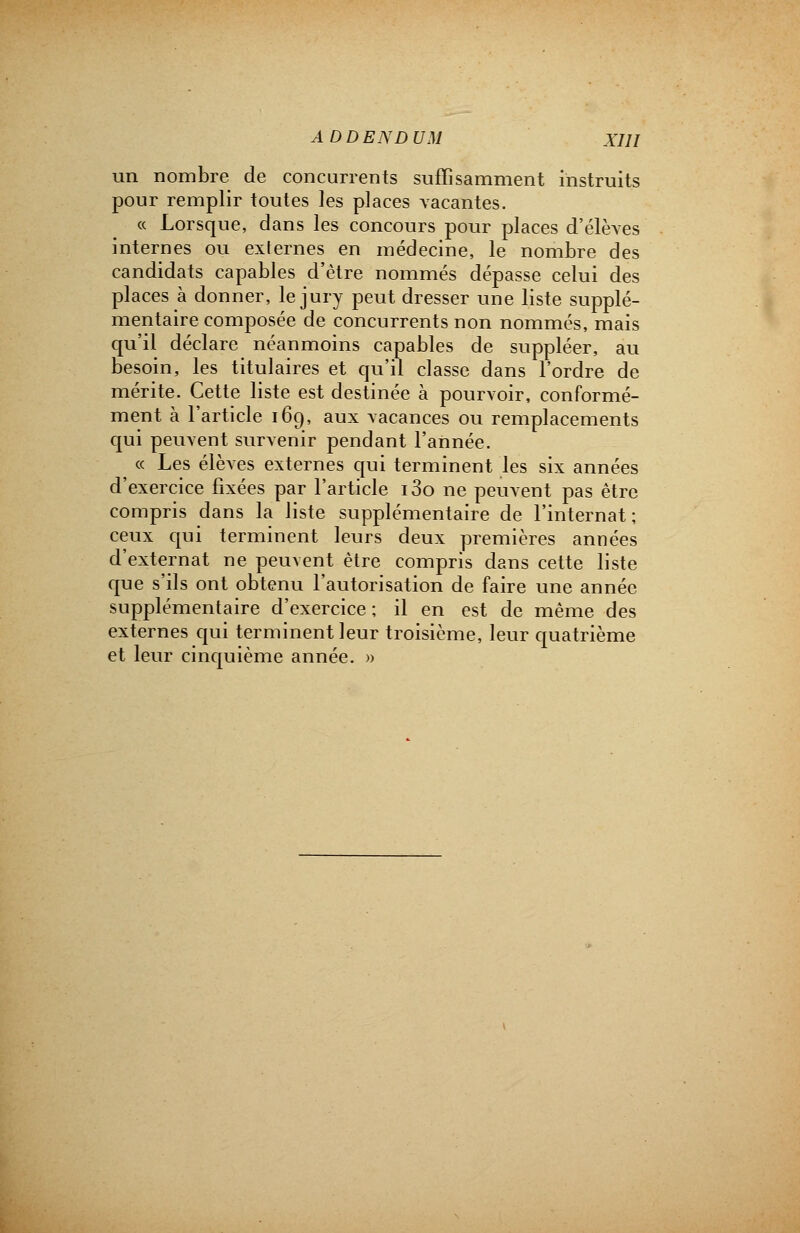un nombre de concurrents suffisamment instruits pour remplir toutes les places vacantes. « Lorsque, dans les concours pour places d'élèves internes ou externes en médecine, le nombre des candidats capables d'être nommés dépasse celui des places à donner, le jury peut dresser une liste supplé- mentaire composée de concurrents non nommés, mais qu'il déclare néanmoins capables de suppléer, au besoin, les titulaires et qu'il classe dans l'ordre de mérite. Cette liste est destinée à pourvoir, conformé- ment à l'article 169, aux vacances ou remplacements qui peuvent survenir pendant l'année. « Les élèves externes qui terminent les six années d'exercice fixées par l'article i3o ne peuvent pas être compris dans la liste supplémentaire de l'internat; ceux qui terminent leurs deux premières années d'externat ne peuvent être compris dans cette liste que s'ils ont obtenu l'autorisation de faire une année supplémentaire d'exercice; il en est de même des externes qui terminent leur troisième, leur quatrième et leur cinquième année. »