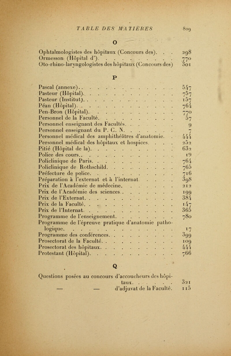 O Ophtalmologistes des hôpitaux (Concours des). . . 298 Ormesson (Hôpital d') 770 Oto-rhino-laryngologistes des hôpitaux (Concours des) 3oi P Pascal (annexe) 547 Pasteur (Hôpital). 757 Pasteur (Institut) 157 Péan (Hôpital) 764 Pen-Bron (Hôpital) 770 Personnel de la Faculté 67 Personnel enseignant des Facultés 9 Personnel enseignant du P. C. N 7 Personnel médical des amphithéâtres d'anatomie. . 444 Personnel médical des hôpitaux et hospices. . . . 262 Pitié (Hôpital de la) 63a Police des cours t9 Policlinique de Paris 764 Policlinique de Rothschild 7<35 Préfecture de police 716 Préparation à l'externat et à l'internat 898 Prix de l'Académie de médecine 212 Prix de l'Académie des sciences 199 Prix de l'Externat 384 Prix delà Faculté 1 ^7 Prix de l'Internat 365 Programme de l'enseignement 780 Programme de l'épreuve pratique d'anatomie patho- logique 17 Programme des conférences 099 Prosectorat de la Faculté 109 Prosectorat des hôpitaux 444 Protestant (Hôpital) 766 Q Questions posées au concours d'accoucheurs des hôpi- taux 321 — — d'adjuvat de la Faculté. 110