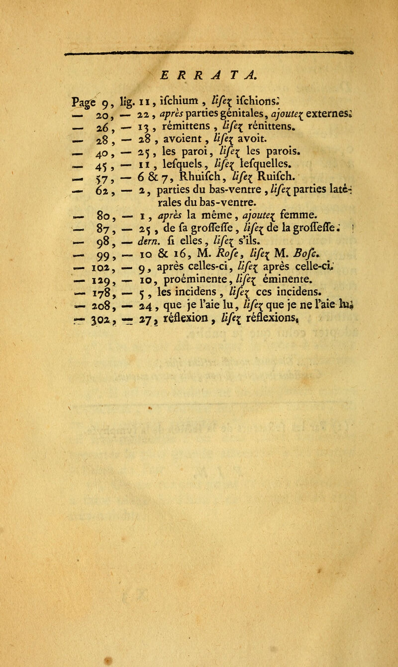 ERRA TA. P^gè 9, lig. 11, îfchium , /f/gç ifchions; _ 20, — 22, après parties génitales, ajoute;^ externes; 25 , — 13 , rémittens , ûfe^ rénittens. — 28 , — 28 , avoient, life:^ avoit. 40, — 25, les paroi, Ufe^ les parois. .- 45 5 — I ï 5 lesquels, /i/^;^ lefquelles. — >7 5 — 6 & 7, Rhuifch, Ufei^ Ruifch. — 62 , — 2, parties du bas-ventre , /i/e:( parties laté-: raies du bas-ventre. — 80 5 — 15 après la même, ajoute:^ femme. — 87, — 25 , de fa groffefîe, life^ de la groffeffe; ! — 98, — dsrn. fi elles, lîfe^ s'ils. — 99, — 10 & 16, M. Rofe^ life^ M. Bofi^ — i02, —. 9, après celles-ci, life^ après celle-ct' — 129, — 10, proéminente,/i/^^ éminente. — 178, — 5, les incidens, Ufei ces incidens. — 208, — 24, que je Taie lu, life^ que je ne Taie hi^ «. ^QXp — *7> réflexion, Ufii réflexions,
