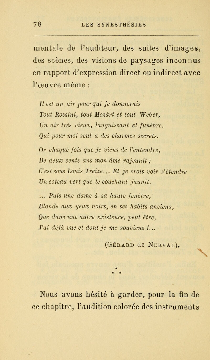 mentale de l'auditeur, des suites d'images, des scènes, des visions de paysages inconnus en rapport d'expression direct ou indirect avec l'œuvre même : Il est un air pour qui je donnerais Tout Rossinij tout Mozart et tout Weber, Un air très vieux, languissant et funèbre. Qui pour moi seul a des charmes secrets. Or chaque fois que je viens de l'entendre. De deux cents ans mon âme rajeunit ; C'est sous Louis Treize... Et je crois voir s'étendre Un coteau vert que le couchant jaunit. ... Puis une dame à sa haute fenêtre. Blonde aux yeux noirs, en ses habits anciens. Que dans une autre existence, peut-être. J'ai déjà vue et dont je me souviens !... (Gérard de Nerval). \ Nous avons hésité à garder, pour la fin de ce chapitre, l'audition colorée des instruments