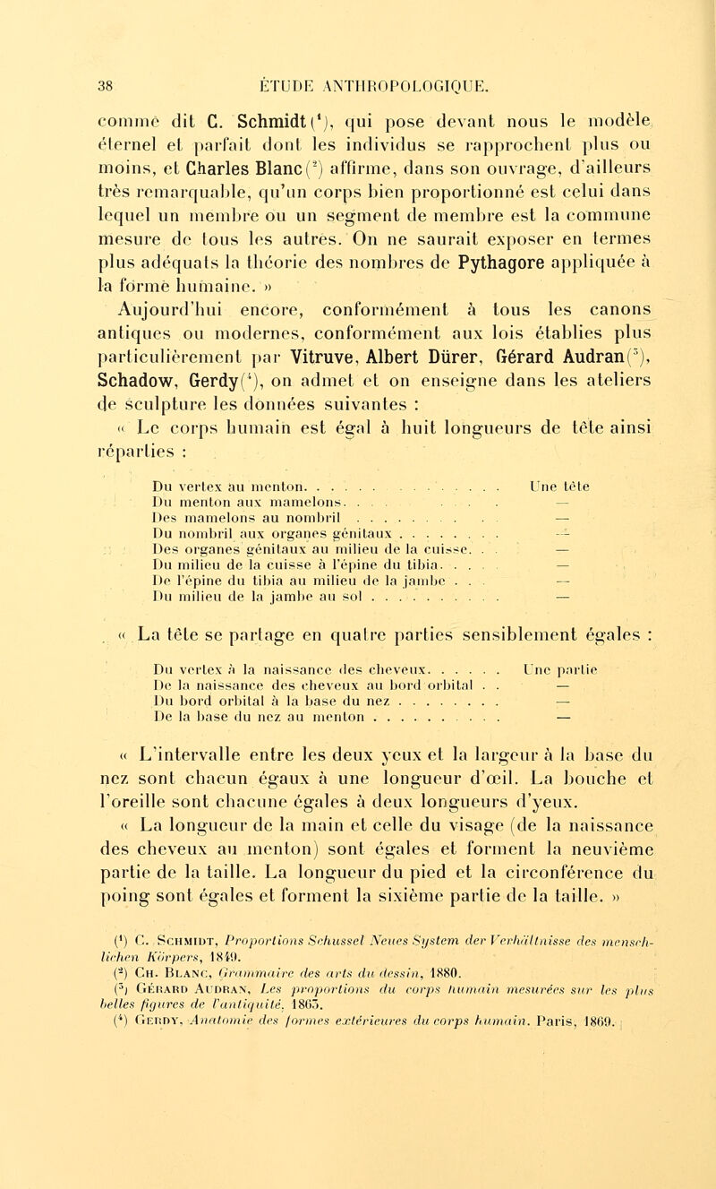 comme dit C. Schmidt(*j, qui pose devant nous le modèle, éternel et parfait dont les individus se rapprochent plus ou moins, et Charles Blanc(') affirme, dans son ouvrage, d'ailleurs très remarquable, qu'an corps bien proportionné est celui dans lequel un membre ou un segment de membre est la commune mesure do tous les autres. On ne saurait exposer en termes plus adéquats la théorie des nombres de Pythagore appliquée à la fdrmè humaine. » Aujourd'hui encore, conformément à tous les canons antiques ou modernes, conformément aux lois établies plus particulièrement ])ar Vitruve, Albert Durer, Gérard Audran(), Schadow, Gerdy(^), on admet et on enseigne dans les ateliers de sculpture les données suivantes : H Le corps humain est égal à huit longueurs de tête ainsi réparties : Du vertex au menton. Une tête Du menton aux mamelons. — Des mamelons au nombril — Du nombril aux organes génitaux — ;: Des organes génitaux au milieu de la cuisse. . .  — Du milieu de la cuisse à l'épine du tibia. .... — De l'épine du tibia au milieu de la jambe ... — Du milieu de la jambe au sol — « La tête se partage en quatre parties sensiblement égales : Du vertex à la naissance des cbeveux Une partie De la naissance des cheveux au bord orbital . . — Du bord orbital à la base du nez De la base du nez au menton — « L'intervalle entre les deux yeux et la largeur à la base du nez sont chacun égaux à une longueur d'œil. La bouche et l'oreille sont chacune égales à deux longueurs d'yeux. (( La longueur de la main et celle du visage (de la naissance des cheveux au menton) sont égales et forment la neuvième partie de la taille. La longueur du pied et la circonférence du poing sont égales et forment la sixième partie de la taille. » (') C. ScHMiuT, Proportions Schussel Neiies System cler Verhattnisse des mensrh- lichen Korpen^, 1849. (-) Ch. Blanc, Grammaire des arts du dessin, 1880. (^) Gérard Audran, Les proportions du corps humain mesurées sur les plus belles figures de Vunliquilé. 1805. (*) ÇrKnn\, Anatomie des formes extérieures du corps humain. Paris, 1869. i