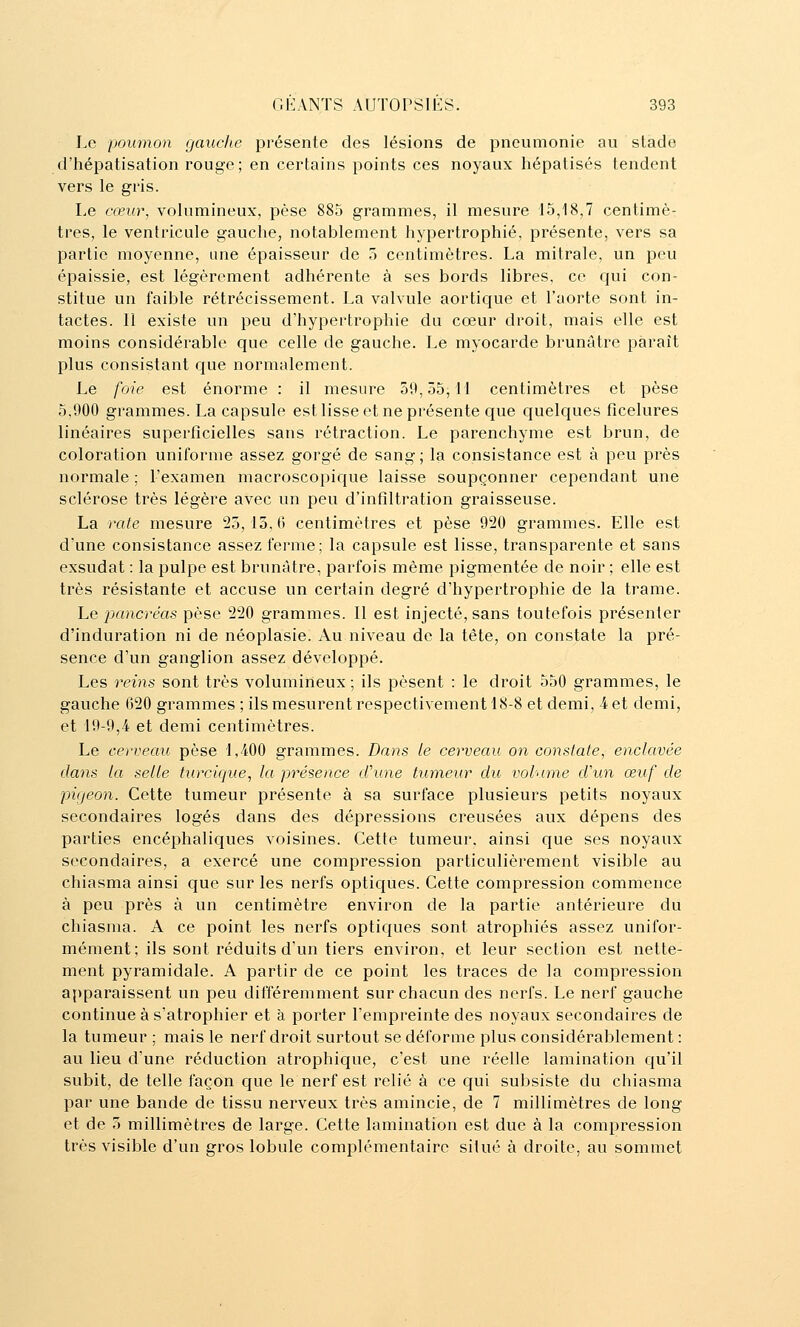 Le poumon gauche présente des lésions de pneumonie au stade d'hépatisation rouge; en certains points ces noyaux hépatisés tendent vers le gris. Le cœur, volumineux, pèse 885 grammes, il mesure 15,18,7 centimè- tres, le ventricule gauche, notablement hypertrophié, présente, vers sa partie moyenne, une épaisseur de 5 centimètres. La mitrale, un peu épaissie, est légèrement adhérente à ses bords libres, ce qui con- stitue un faible rétrécissement. La valvule aortique et l'aorte sont in- tactes. 11 existe un peu d'hypertrophie du cœur droit, mais elle est moins considérable que celle de gauche. Le myocarde brunâtre paraît plus consistant que normalement. Le foie est énorme : il mesure 59,55,11 centimètres et pèse 5,900 grammes. La capsule est lisse et ne présente que quelques fîcelures linéaires superficielles sans rétraction. Le parenchyme est brun, de coloration uniforme assez gorgé de sang ; la consistance est à peu près normale ; l'examen macroscopique laisse soupçonner cependant une sclérose très légère avec un peu d'infiltration graisseuse. La rate mesure 25,15,6 centimètres et pèse 920 grammes. Elle est d'une consistance assez ferme; la capsule est lisse, transparente et sans exsudât : la pulpe est brunâtre, parfois même pigmentée de noir ; elle est très résistante et accuse un certain degré d'hypertrophie de la trame. Le pancréas pèse 220 grammes. Il est injecté, sans toutefois présenter d'induration ni de néoplasie. Au niveau de la tête, on constate la pré- sence d'un ganglion assez développé. Les reins sont très volumineux ; ils pèsent : le droit 550 grammes, le gauche 620 grammes ; ils mesurent respectivement 18-8 et demi, 4 et demi, et 19-9,4 et demi centimètres. Le cerveau pèse 1,400 grammes. Dans le cerveau on constate, enclavée dans la selle turcique, la présence fîune tumeur du voh.tme d\in œuf de pigeon. Cette tumeur présente à sa surface plusieurs petits noyaux secondaires logés dans des dépressions creusées aux dépens des parties encéphaliques voisines. Cette tumeur, ainsi que ses noyaux secondaires, a exercé une compression particulièrement visible au chiasma ainsi que sur les nerfs optiques. Cette compression commence à peu près à un centimètre environ de la partie antérieure du chiasma. A ce point les nerfs optiques sont atrophiés assez unifor- mément; ils sont réduits d'un tiers environ, et leur section est nette- ment pyramidale. A partir de ce point les traces de la compression a{)paraissent un peu différemment sur chacun des nerfs. Le nerf gauche continue à s'atrophier et à porter l'empreinte des noyaux secondaires de la tumeur ; mais le nerf droit surtout se déforme plus considérablement : au lieu d'une réduction atrophique, c'est une réelle lamination qu'il subit, de telle façon que le nerf est relié à ce qui subsiste du chiasma par une bande de tissu nerveux très amincie, de 7 millimètres de long et de 5 millimètres de large. Cette lamination est due à la compression très visible d'un gros lobule complémentaire silué à droite, au sommet