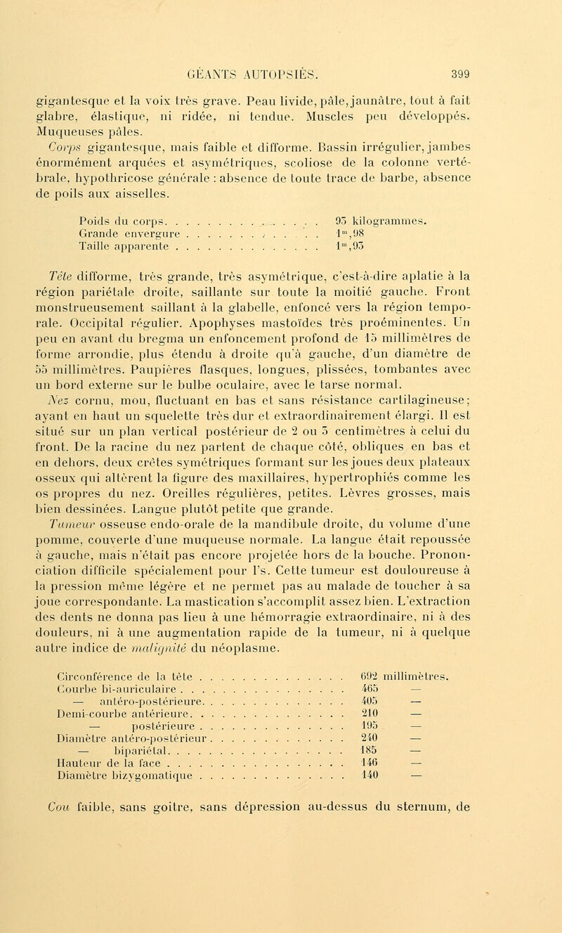 gigantesque et la voix très grave. Peau livide, pâle, jaunâtre, tout à fait glabre, élastique, ni ridée, ni tendue. Muscles peu développés. Muqueuses pâles. Corps gigantesque, mais faible et difforme. Bassin irrégulier, jambes énormément arquées et asymétriques, scoliose de la colonne verté- brale, hypothricose générale : absence de toute trace de barbe, absence de poils aux aisselles. Poids du corps . 93 kilogrammes. Grande envergure .■ 1,98 Taille apparente 1,93 Têle difforme, très grande, très asymétrique, c'est-à-dire aplatie à la région pariétale droite, saillante sur toute la moitié gauche. Front monstrueusement saillant à la glabelle, enfoncé vers la région tempo- rale. Occipital régulier. Apophyses mastoïdes très proéminentes. Un peu en avant du bregma un enfoncement profond de 15 millimètres de forme arrondie, plus étendu à droite qu'à gauche, d'un diamètre de 55 millimètres. Paupières flasques, longues, plissées, tombantes avec un bord externe sur le bulbe oculaire, avec le tarse normal. ISez cornu, mou, fluctuant en bas et sans résistance cartilagineuse; ayant en haut un squelette très dur et extraordinairement élargi. 11 est situé sur un plan vertical postérieur de 2 ou 5 centimètres à celui du front. De la racine du nez partent de chaque côté, oblic|ues en bas et en dehors, deux crêtes symétriques formant sur les joues deux plateaux osseux qui altèrent la figure des maxillaires, hypertrophiés comme les os propres du nez. Oreilles régulières, petites. Lèvres grosses, mais bien dessinées. Langue plutôt petite que grande. Tumeur osseuse endo-orale de la mandibule droite, du volume d'une pomme, couverte d'une muqueuse normale. La langue était repoussée à gauche, mais n'était pas encore projetée hors de la bouche. Pronon- ciation difficile spécialement pour l's. Cette tumeur est douloureuse à la pression même légère et ne permet pas au malade de toucher à sa joue correspondante. La mastication s'accomplit assez bien. L'extraction des dents ne donna pas lieu à une hémorragie extraordinaire, ni à des douleurs, ni à une augmentation rapide de la tumeur, ni à quelque autre indice de malignité du néoplasme. Circonférence de la tète 69'2 millimètres. Courbe bi-auriculaire 465 — — antéro-postérieure 405 — Demi-com'be antérieure 210 — — postérieure 195 — Diamètre antéro-postérieur 240 — — bipariétal 185 — Hauteur de la face 146 — Diamètre bizygomatique 140 — Cou faible, sans goitre, sans dépression au-dessus du sternum, de