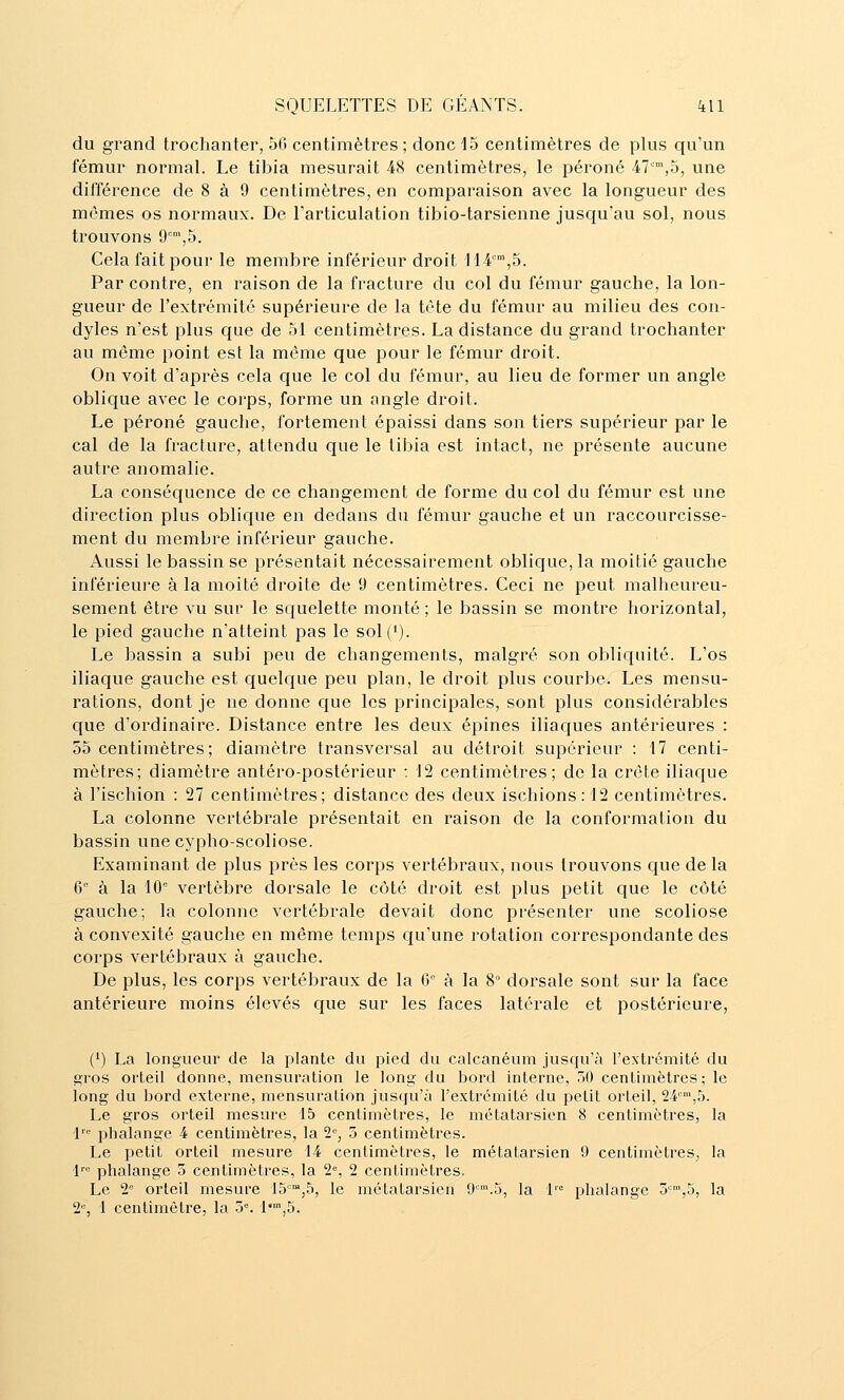 du grand trochanter, 50 centimètres ; donc 15 centimètres de plus qu'un fémur normal. Le tibia mesurait 48 centimètres, le péroné 47'-,5, une différence de 8 à 9 centimètres, en comparaison avec la longueur des mêmes os normaux. De l'articulation tibio-tarsienne jusqu'au sol, nous trouvons 9',5. Cela fait pour le membre inférieur droit 114'',5. Par contre, en raison de la fracture du col du fémur gauche, la lon- gueur de l'extrémité supérieure de la tète du fémur au milieu des con- dyles n'est plus que de 51 centimètres. La distance du grand trochanter au même point est la même que pour le fémur droit. On voit d'après cela que le col du fémur, au lieu de former un angle oblique avec le corps, forme un angle droit. Le péroné gauche, fortement épaissi dans son tiers supérieur par le cal de la fracture, attendu que le tibia est intact, ne présente aucune autre anomalie. La conséquence de ce changement de forme du col du fémur est une direction plus oblique en dedans du fémur gauche et un raccourcisse- ment du membre inférieur gauche. Aussi le bassin se présentait nécessairement oblique, la moitié gauche inférieure à la moite droite de 9 centimètres. Ceci ne peut malheureu- sement être vu sur le squelette monté ; le bassin se montre horizontal, le pied gauche n'atteint pas le sol(i). Le bassin a subi peu de changements, malgré son obliquité. L'os iliaque gauche est quelc|ue peu plan, le droit plus courbe^. Les mensu- rations, dont je ne donne que les principales, sont plus considérables que d'ordinaire. Distance entre les deux épines iliacjues antérieures : 55 centimètres; diamètre transversal au détroit supérieur : 17 centi- mètres; diamètre antéro-postérieur : 12 centimètres; de la crête iliac]ue à l'ischion : 27 centimètres; distance des deux ischions: 12 centimètres. La colonne vertébrale présentait en raison de la conformation du bassin une cypho-scoliose. Examinant de plus près les corps vertébraux, nous trouvons que de la 6° à la 10° vertèbre dorsale le côté droit est plus petit que le côté gauche; la colonne vertébrale devait donc présenter une scoliose à convexité gauche en même temps qu'une rotation correspondante des corps vertébraux à gauche. De plus, les corps vertébraux de la 6° à la 8° dorsale sont sur la face antérieure moins élevés que sur les faces latérale et postérieure, (1) La longueur de la plante du pied du calcanéum jusqu'à l'extrémité du gros orteil donne, mensuration le long du bord interne, 50 centimètres; le long du bord externe, mensuration jusqu'à l'extrémité du petit orteil, 24',5. Le gros orteil mesure 15 centimètres, le métatarsien 8 centimètres, la l' phalange 4 centimètres, la i, 3 centimètres. Le petit orteil mesure 14 centimètres, le métatarsien 9 centimètres, la !'■'= phalange 3 centimètres, la 2^, 2 centimètres. Le 2° orteil mesure la',5, le métatarsien 9'-'.5, la 1= phalange 3',5, la 2°, 1 centimètre, la 3. l''',5.