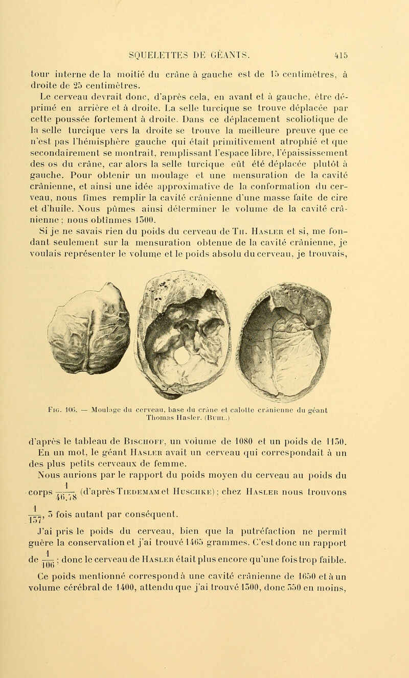 tour interne de la moitié du crâne à gauche est de là centimètres, à droite de 25 centimètres. Le cerveau devrait donc, d'après cela, en avant et à gauclic, être dé- primé en arrière et à droite. La selle turcique se trouve déplacée par cette poussée fortement à droite. Dans ce déplacement scoliotique de la selle turcique vers la droite se trouve la meilleure preuve que ce n'est pas l'hémisphère gauche qui était primitivement atrophié et que secondairement se montrait, remplissant l'espace libre, l'épaississement des os du crâne, car alors la selle turcique eût été déplacée plutôt à gauche. Pour obtenir un moulage et une mensuration de la cavité crânienne, et ainsi une idée approximative de la conformation du cer- veau, nous limes remplir la cavité crânienne d'une masse faite de cire et d'huile. Nous pûmes ainsi déterminer le volume de la cavité crâ- nienne ; nous obtînmes 1500. Si je ne savais rien du poids du cerveau de Tii. Hasler et si, me fon- dant seulement sur la mensuration obtenue de la cavité crânienne, je voulais représenter le volum.e et le poids absolu du cerveau, je trouvais, FiG. lOG. — Moul;igc du cerveau, base du crâne et caloUe crânienne du géant Thomas Ilasler. (Buiil.) d'après le tableau de Bischoff, un volume de 1080 et un poids de 1150. En un mot, le géant Hasler avait un cerveau qui correspondait à un des plus petits cerveaux de femme. Nous aurions par le rapport du poids moyen du cerveau au poids du corps y-p-TTj (d'après TiEDEMAM et Huschke) ; chez Hasler nous trouvons j^, 5 fois autant par conséquent. J'ai pris le poids du cerveau, bien que la iiutréfaction ne permît guère la conservation et j'ai trouvé 1465 grammes. C'estdoncun rapport 1 de -jr-, ; donc le cerveau de Hasler était plus encore C{u'une fois trop faible. Ce poids mentionné correspond à une cavité crânienne de 1650 et à un volume cérébral de 1400, attendu que j'ai trouvé 1500, donc 550 en moins,