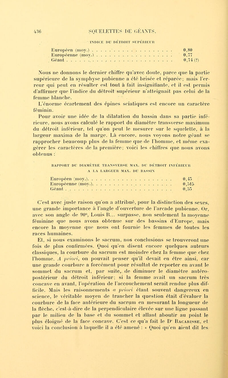 INDICE DU DÉTROIT SUPÉRIEUR Européen (moy.) ' 0,80 Européenne (moy.) 0,77 . Géant !. .......... 0,74 (?) Nous ne donnons le dernier chiffre qu'avec doute, parce que la partie supérieure de la symphyse pubienne a été brisée et réparée; mais l'er- reur qui peut en résulter est tout à fait insignifiante, et il est permis d'affirmer que l'indice du détroit supérieur n'atteignait pas celui de la femme blanche. L'énorme écartement des épines sciatiques est encore un caractère féminin. Pour avoir une idée de la dilatation du bassin dans sa partie infé- rieure, nous avons calculé le rapport du diamètre transverse maximum du détroit inférieur, tel qu'on peut le mesurer sur le squelette, à la largeur maxima de la marge. Là encore, nous voyons notre géant se rapprocher beaucoup plus de la femme que de l'homme, et même exa- gérer les caractères de la première; voici les chiffres que nous avons obtenus : RAPPORT DU DIAMÈTRE TRANSVERSE MAX. DU DÉTROIT INFÉRIEUR A LA LARGEUR MAX. DU BASSIN Européen (moy.) 0,45 Européenne (moy.) 0,515 Géant 0,55 C'est avec juste raison qu'on a attribué, pour la distinction des sexes, une grande importance à l'angle d'ouverture de l'arcade pubienne. Or, avec son angle-de 90°, Louis R... surpasse, non seulement la moyenne féminine que nous avons obtenue sur des bassins d'Europe, mais encore la moyenne que nous ont fournie les femmes de toutes les races humaines. Et, si nous examinons le sacrum, nos conclusions se trouveront une fois de plus confirmées. Quoi qu'en disent encore quelques auteurs classiques, la courbure du sacrum est moindre chez la femme que chez l'homme. A priori, on pouvait penser qu'il devait en être ainsi, car une grande courbure a forcément pour résultat de reporter en avant le sommet du sacrum et, par suite, de diminuer le diamètre antéro- postérieur du détroit inférieur; si la femme avait un sacrum très concave en avant, l'opération de l'accouchement serait rendue plus dif- ficile. Mais les raisonnements a priori étant souvent dangereux en science, le véritable moyen de trancher la question était d'évaluer la courbure de la face antérieure du sacrum en mesurant la longueur de la flèche, c'est-à-dire de la perpendiculaire élevée sur une ligne passant par le milieu de la base et du sommet et allant aboutir au point le plus éloigné de la face concave. C'est ce qu'a fait le D' Bacarisse, et voici la conclusion à laquelle il a été amené : « Quoi qu'en aient dit les