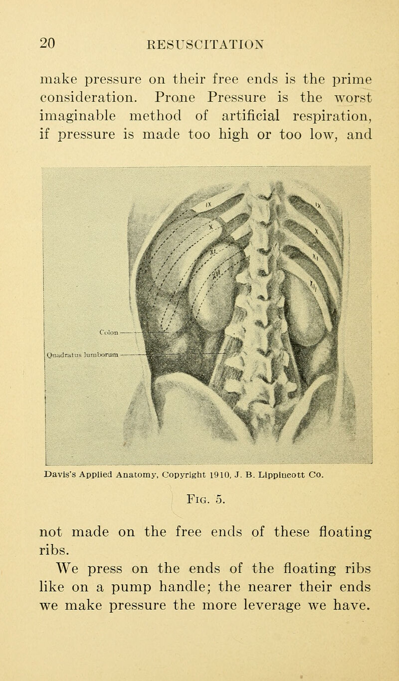 make pressure on their free ends is the prime consideration. Prone Pressure is the worst imaginable method of artificial respiration, if pressure is made too high or too low, and L_. :^^_..,: ^ ^ Davis's Applied Anatomy, Copyright 1910, J. B. Llpplncott Co. Fig. 5. not made on the free ends of these floating ribs. We press on the ends of the floating ribs like on a pump handle; the nearer their ends we make pressure the more leverage we have.