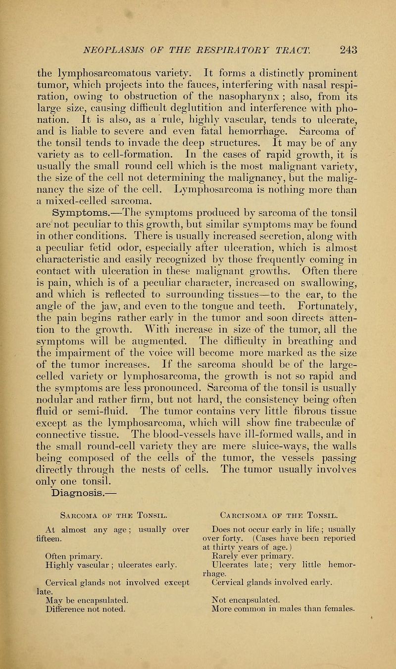the lymphosarcomatous variety. It forms a distinctly prominent tumor, which projects into the fauces, interfering with nasal respi- ration, owing to obstruction of the nasopharynx ; also, from its large size, causing difficult deglutition and interference with pho- nation. It is also, as a rule, highly vascular, tends to ulcerate, and is liable to severe and even fatal hemorrhage. Sarcoma of the tonsil tends to invade the deep structures. It may be of any variety as to cell-formation. In the cases of rapid growth, it is usually the small round cell which is the most malignant variety, the size of the cell not determining the malignancy, but the malig- nancy the size of the cell. Lymphosarcoma is nothing more than a mixed-celled sarcoma. Symptoms.—The symptoms produced by sarcoma of the tonsil are not peculiar to this growth, but similar symptoms may be found in other conditions. There is usually increased secretion, along with a peculiar fetid odor, especially after ulceration, which is almost characteristic and easily recognized by those frequently coming in contact with ulceration in these malignant growths. Often there is pain, which is of a peculiar character, increased on swallowing, and which is reflected to surrounding tissues—to the ear, to the angle of the jaw, and even to the tongue and teeth. Fortunately, the pain begins rather early in the tumor and soon directs atten- tion to the growth. With increase in size of the tumor, all the symptoms will be augmented. The difficulty in breathing and the impairment of the voice will become more marked as the size of the tumor increases. If the sarcoma should be of the large- celled variety or lymphosarcoma, the growth is not so rapid and the symptoms are less pronounced. Sarcoma of the tonsil is usually nodular and rather firm, but not hard, the consistency being often fluid or semi-fluid. The tumor contains very little fibrous tissue except as the lymphosarcoma, which will show fine trabeculse of connective tissue. The blood-vessels have ill-formed walls, and in the small round-cell variety they are mere sluice-ways, the walls being composed of the cells of the tumor, the vessels passing directly through the nests of cells. The tumor usually involves only one tonsil. Diagnosis.— Sarcoma of the Tonsil. Carcinoma of the Tonsil. At almost any age ; usually over Does not occur early in life ; usually fifteen. over forty. (Cases have been reported at thirty years of age.) Often primary. Rarely ever primary. Highly vascular ; ulcerates early. Ulcerates late; very little hemor- rhage. Cervical glands not involved except Cervical glands involved early, late. May be encapsulated. Not encapsulated. Difference not noted. More common in males than females.