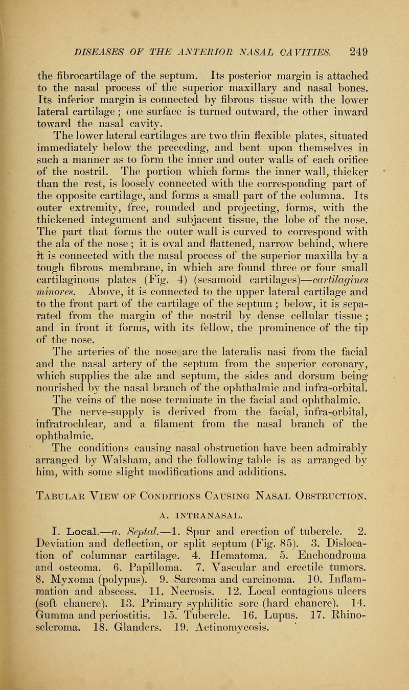 the fibrocartilage of the septum. Its posterior margin is attached to the nasal process of the superior maxillary and nasal bones. Its inferior margin is connected by fibrous tissue with the lower lateral cartilage; one surface is turned outward, the other inward toward the nasal cavity. The lower lateral cartilages are two thin flexible plates, situated immediately below the preceding, and bent upon themselves in such a manner as to form the inner and outer walls of each orifice of the nostril. The portion which forms the inner wall, thicker than the rest, is loosely connected with the corresponding part of the opposite cartilage, and forms a small part of the columna. Its outer extremity, free, rounded and projecting, forms, with the thickened integument and subjacent tissue, the lobe of the nose. The part that forms the outer wall is curved to correspond with the ala of the nose; it is oval and flattened, narrow behind, where it is connected with the nasal process of the superior maxilla by a tough fibrous membrane, in which are found three or four small cartilaginous plates (Fig. 4) (sesamoid cartilages)—cartilagines minores. Above, it is connected to the upper lateral cartilage and to the front part of the cartilage of the septum ; below, it is sepa- rated from the margin of the nostril by dense cellular tissue ; and in front it forms, with its fellow, the prominence of the tip of the nose. The arteries of the nose are the lateralis nasi from the facial and the nasal artery of the septum from the superior coronary, which supplies the alee and septum, the sides and dorsum being nourished by the nasal branch of the ophthalmic and infra-orbital. The veins of the nose terminate in the facial and ophthalmic. The nerve-supply is derived from the facial, infra-orbital, infratrochlear, and a filament from the nasal branch of the ophthalmic. The conditions causing nasal obstruction have been admirably arranged by Walsham, and the following table is as arranged by him, with some slight modifications and additions. Tabulae View of Conditions Causing Nasal Obsteuction. a. inteanasal. I. Local.—a. Septal—1. Spur and erection of tubercle. 2. Deviation and deflection, or split septum (Fig. 85). 3. Disloca- tion of columnar cartilage. 4. Hematoma. 5. Enchondroma and osteoma. 6. Papilloma. 7. Vascular and erectile tumors. 8. Myxoma (polypus). 9. Sarcoma and carcinoma. 10. Inflam- mation and abscess. 11. Necrosis. 12. Local contagious ulcers (soft chancre). 13. Primary syphilitic sore (hard chancre). 14. Gumma and periostitis. 15. Tubercle. 16. Lupus. 17. Rhino- scleroma. 18. Glanders. 19. Actinomycosis.