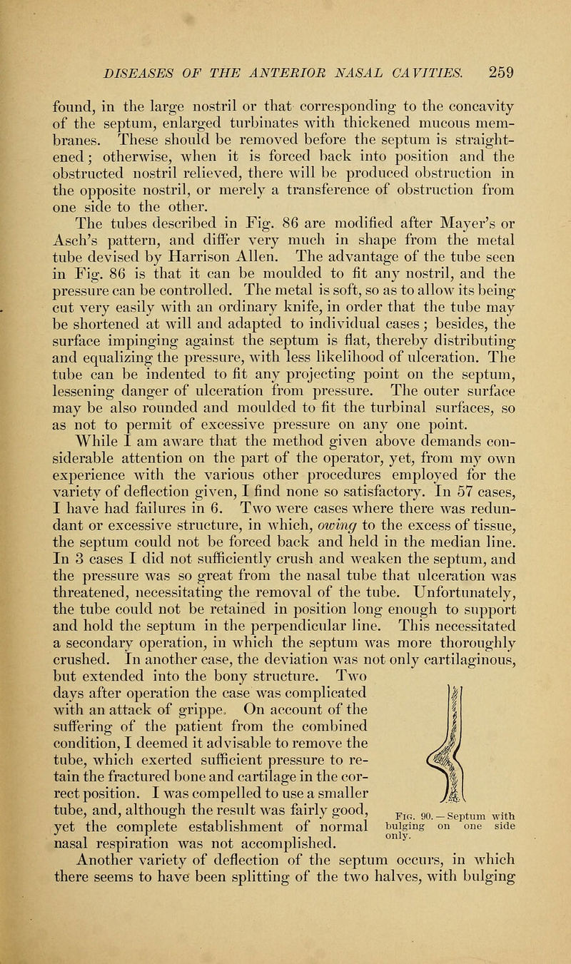found, in the large nostril or that corresponding to the concavity of the septum, enlarged turbinates with thickened mucous mem- branes. These should be removed before the septum is straight- ened ; otherwise, when it is forced back into position and the obstructed nostril relieved, there will be produced obstruction in the opposite nostril, or merely a transference of obstruction from one side to the other. The tubes described in Fig. 86 are modified after Mayer's or Asch's pattern, and differ very much in shape from the metal tube devised by Harrison Allen. The advantage of the tube seen in Fig. 86 is that it can be moulded to fit any nostril, and the pressure can be controlled. The metal is soft, so as to allow its being cut very easily with an ordinary knife, in order that the tube may be shortened at will and adapted to individual cases; besides, the surface impinging against the septum is flat, thereby distributing and equalizing the pressure, with less likelihood of ulceration. The tube can be indented to fit any projecting point on the septum, lessening danger of ulceration from pressure. The outer surface may be also rounded and moulded to fit the turbinal surfaces, so as not to permit of excessive pressure on any one point. While I am aware that the method given above demands con- siderable attention on the part of the operator, yet, from my own experience with the various other procedures employed for the variety of deflection given, I find none so satisfactory. In 57 cases, I have had failures in 6. Two were cases where there was redun- dant or excessive structure, in which, owing to the excess of tissue, the septum could not be forced back and held in the median line. In 3 cases I did not sufficiently crush and weaken the septum, and the pressure was so great from the nasal tube that ulceration was threatened, necessitating the removal of the tube. Unfortunately, the tube could not be retained in position long enough to support and hold the septum in the perpendicular line. This necessitated a secondary operation, in which the septum was more thoroughly crushed. In another case, the deviation was not only cartilaginous, but extended into the bony structure. Two days after operation the case was complicated with an attack of grippe, On account of the suffering of the patient from the combined condition, I deemed it advisable to remove the tube, which exerted sufficient pressure to re- tain the fractured bone and cartilage in the cor- rect position. I was compelled to use a smaller tube, and, although the result was fairly good, FfG 90._Septum witb yet the complete establishment of normal bulging on one side nasal respiration was not accomplished. Another variety of deflection of the septum occurs, in which there seems to have been splitting of the two halves, with bulging