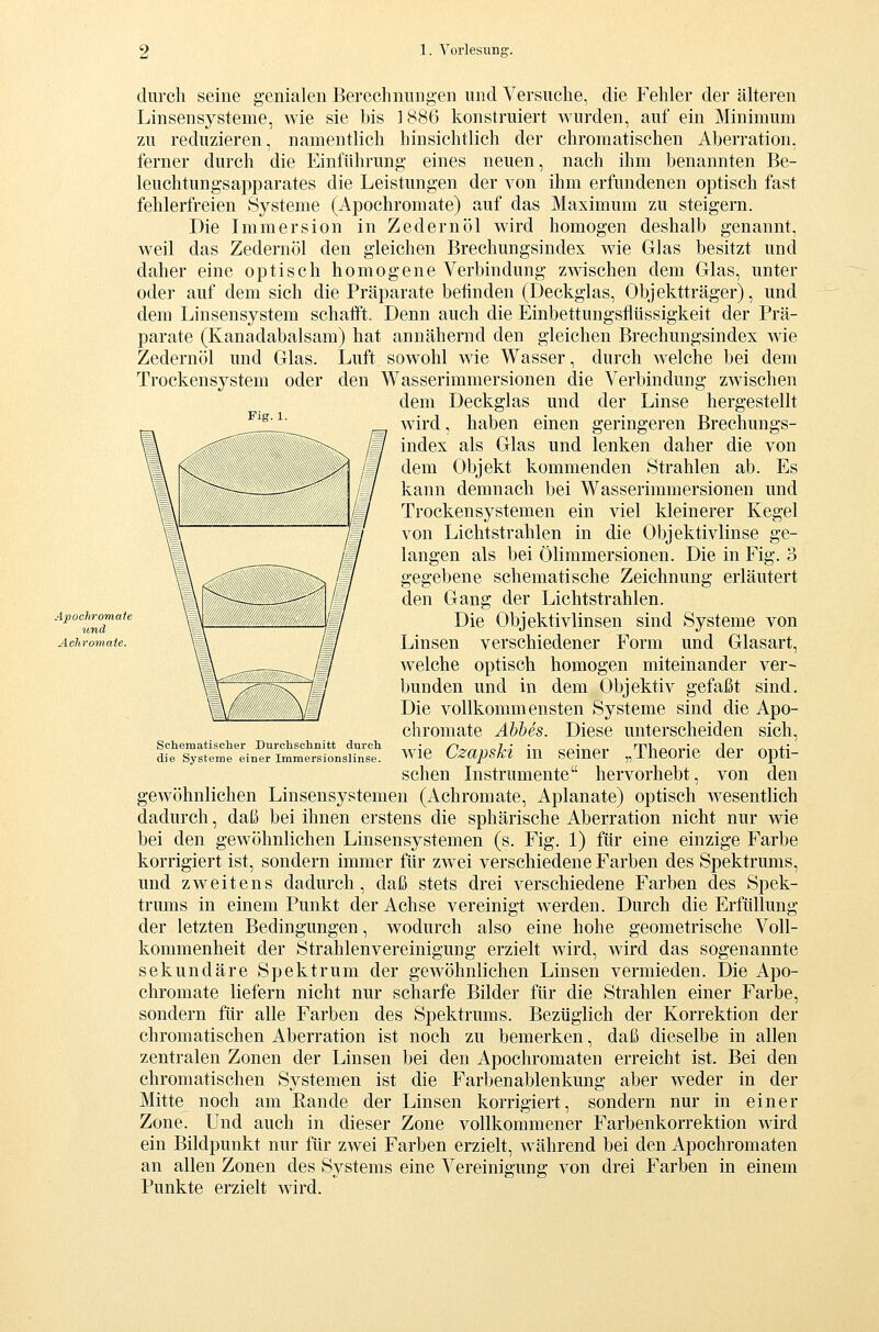 Fig. 1. durch seine genialen Berechnungen und Versuche, die Fehler der älteren Linsensysteme, wie sie bis ] 886 konstruiert wurden, auf ein Minimum zu reduzieren, namentlich hinsichtlich der chromatischen Aberration, ferner durch die Einführung eines neuen, nach ihm benannten Be- leuchtungsapparates die Leistungen der von ihm erfundenen optisch fast fehlerfreien Systeme (Apochromate) auf das Maximum zu steigern. Die Immersion in Zedern öl wird homogen deshalb genannt, weil das Zedernöl den gleichen Brechungsindex wie Glas besitzt und daher eine optisch homogene Verbindung zwischen dem Glas, unter oder auf dem sich die Präparate befinden (Deckglas, Objektträger), und dem Linsensystem schafft. Denn auch die Einbettungsflüssigkeit der Prä- parate (Kanadabalsam) hat annähernd den gleichen Brechungsindex wie Zedernöl und Glas. Luft sowohl wie Wasser, durch welche bei dem Trockensystem oder den Wasserimmersionen die Verbindung zwischen dem Deckglas und der Linse hergestellt wird, haben einen geringeren Brechungs- index als Glas und lenken daher die von dem Objekt kommenden Strahlen ab. Es kann demnach bei Wasserimmersionen und Trocken Systemen ein viel kleinerer Kegel von Lichtstrahlen in die Objektivlinse ge- langen als bei Ölimmersionen. Die in Fig. 3 gegebene schematische Zeichnung erläutert den Gang der Lichtstrahlen. Die Objektivlinsen sind Systeme von Linsen verschiedener Form und Glasart, welche optisch homogen miteinander ver- bunden und in dem Objektiv gefaßt sind. Die vollkommensten Systeme sind die Apo- chromate Abbes. Diese unterscheiden sich, Avie Czapski in seiner „Theorie der opti- schen Instrumente hervorhebt, von den gewöhnlichen Linsensystemen (Achromate, Aplanate) optisch wesentlich dadurch, daß bei ihnen erstens die sphärische Aberration nicht nur wie bei den gewöhnlichen Linsensystemen (s. Fig. 1) für eine einzige Farbe korrigiert ist, sondern immer für zwei verschiedene Farben des Spektrums, und zweitens dadurch, daß stets drei verschiedene Farben des Spek- trums in einem Punkt der Achse vereinigt werden. Durch die Erfüllung der letzten Bedingungen, wodurch also eine hohe geometrische Voll- kommenheit der Strahlenvereinigung erzielt wird, wird das sogenannte sekundäre Spektrum der gewöhnlichen Linsen vermieden. Die Apo- chromate liefern nicht nur scharfe Bilder für die Strahlen einer Farbe, sondern für alle Farben des Spektrums. Bezüglich der Korrektion der chromatischen Aberration ist noch zu bemerken, daß dieselbe in allen zentralen Zonen der Linsen bei den Apochromaten erreicht ist. Bei den chromatischen Systemen ist die Farbenablenkung aber weder in der Mitte noch am Kande der Linsen korrigiert, sondern nur in einer Zone. Und auch in dieser Zone vollkommener Farbenkorrektion wird ein Bildpunkt nur für zwei Farben erzielt, während bei den Apochromaten an allen Zonen des Systems eine Vereinigung von drei Farben in einem Punkte erzielt wird. Schematisclier Durchschnitt durch die Systeme einer Immersionslinse.