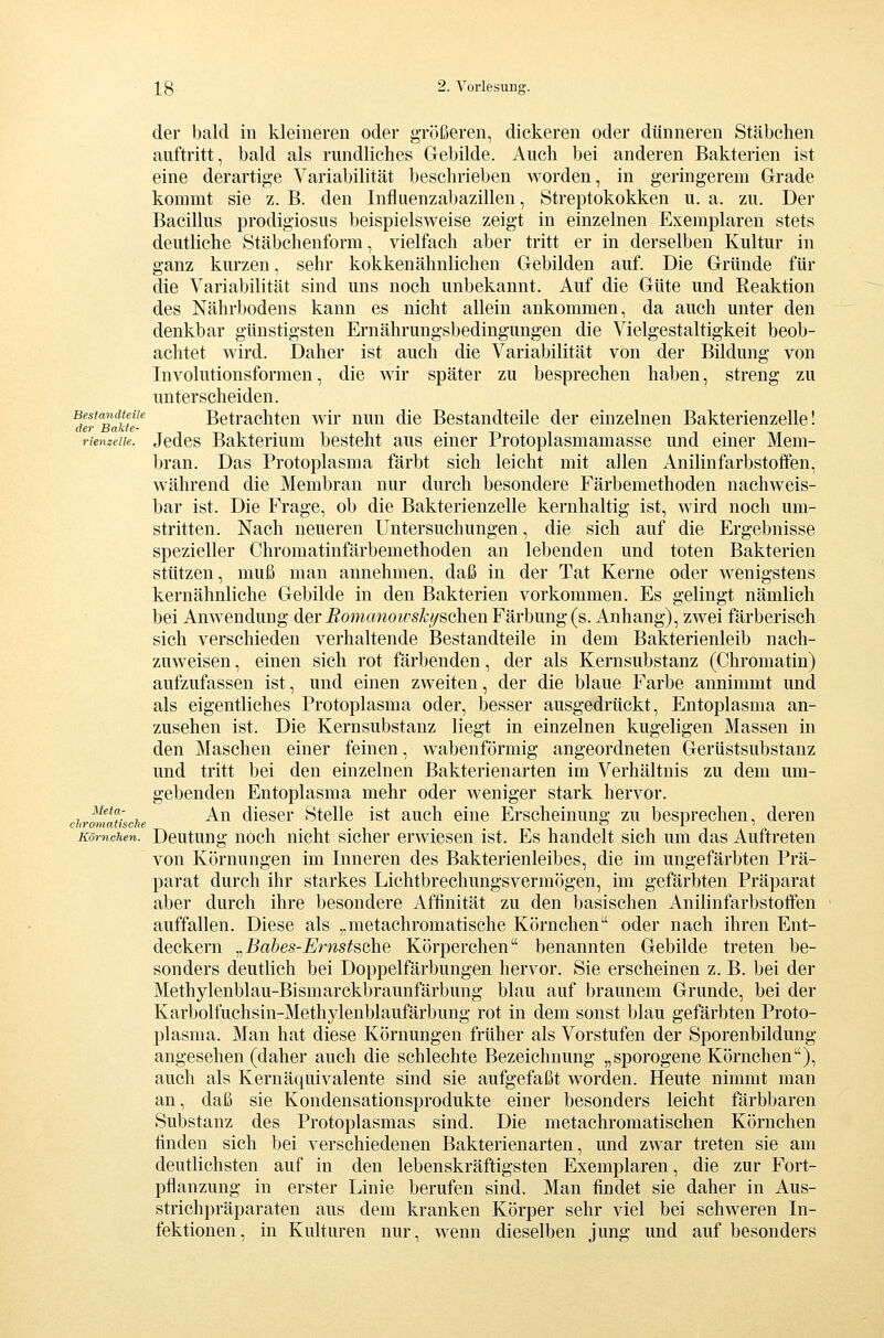 der bald in kleineren oder größeren, dickeren oder dünneren Stäbchen auftritt, bald als rundliches Gebilde. Auch bei anderen Bakterien ist eine derartige Variabilität beschrieben worden, in geringerem Grade kommt sie z. B. den Influenzabazillen, Streptokokken u. a. zu. Der Bacillus prodigiosus beispielsweise zeigt in einzelnen Exemplaren stets deutliche Stäbchenform, vielfach aber tritt er in derselben Kultur in ganz kurzen, sehr kokkenähnlichen Gebilden auf. Die Gründe für die Variabilität sind uns noch unbekannt. Auf die Güte und Reaktion des Nährbodens kann es nicht allein ankommen, da auch unter den denkbar günstigsten Ernährungsbedingungen die Vielgestaltigkeit beob- achtet wird. Daher ist auch die Variabilität von der Bildung von Involutionsformen, die wir später zu besprechen haben, streng zu unterscheiden. ^der'Baktf-^ Bctraclitcn wir nun die Bestandteile der einzelnen Bakterienzelle! rienzeue. Jcdcs Bakterium besteht aus einer Protoplasmamasse und einer Mem- bran. Das Protoplasma färbt sich leicht mit allen Anilinfarbstotfen, während die Membran nur durch besondere Färbemethoden nachweis- bar ist. Die Frage, ob die Bakterienzelle kernhaltig ist, wird noch um- stritten. Nach neueren Untersuchungen, die sich auf die Ergebnisse spezieller Chromatinfärbemethoden an lebenden und toten Bakterien stützen, muß man annehmen, daß in der Tat Kerne oder wenigstens kernähnliche Gebilde in den Bakterien vorkommen. Es gelingt nämlich bei Anwendung der jBomawo?i'S%schen Färbung (s. Anhang), zwei färberisch sich verschieden verhaltende Bestandteile in dem Bakterienleib nach- zuweisen , einen sich rot färbenden, der als Kernsubstanz (Chromatin) aufzufassen ist, und einen zweiten, der die blaue Farbe annimmt und als eigentliches Protoplasma oder, besser ausgedrückt, Entoplasma an- zusehen ist. Die Kernsubstanz liegt in einzelnen kugeligen Massen in den Maschen einer feinen, wabenförmig angeordneten Gerüstsubstanz und tritt bei den einzelnen Bakterien arten im Verhältnis zu dem um- gebenden Entoplasma mehr oder weniger stark hervor. chrmiatische ^^^ dicscr Stcllc ist auch eine Erscheinung zu besprechen, deren Körnchen. Dcutuug uoch uicht sichcr erwiesen ist. Es handelt sich um das Auftreten von Körnungen im Inneren des Bakterienleibes, die im ungefärbten Prä- parat durch ihr starkes Lichtbrechungsvermögen, im gefärbten Präparat aber durch ihre besondere Affinität zu den basischen Anilinfarbstoffen auffallen. Diese als „metachromatische Körnchen oder nach ihren Ent- deckern ^.^Babes-Ernstsche Körperchen benannten Gebilde treten be- sonders deutlich bei Doppelfärbungen herv'^or. Sie erscheinen z. B. bei der Methylenblau-Bismarckbraunfärbung blau auf braunem Grunde, bei der Karbolfuchsin-Methylenblaufärbung rot in dem sonst blau gefärbten Proto- plasma. Man hat diese Körnungen früher als Vorstufen der Sporenbildung angesehen (daher auch die schlechte Bezeichnung „sporogene Körnchen), auch als Kern äquivalente sind sie aufgefaßt worden. Heute nimmt man an, daß sie Kondensationsprodukte einer besonders leicht färbbaren Substanz des Protoplasmas sind. Die metachromatischen Körnchen finden sich bei verschiedenen Bakterienarten, und zwar treten sie am deutlichsten auf in den lebenskräftigsten Exemplaren, die zur Fort- pflanzung in erster Linie berufen sind. Man findet sie daher in Aus- strichpräparaten aus dem kranken Körper sehr viel bei schweren In- fektionen, in Kulturen nur, wenn dieselben jung und auf besonders