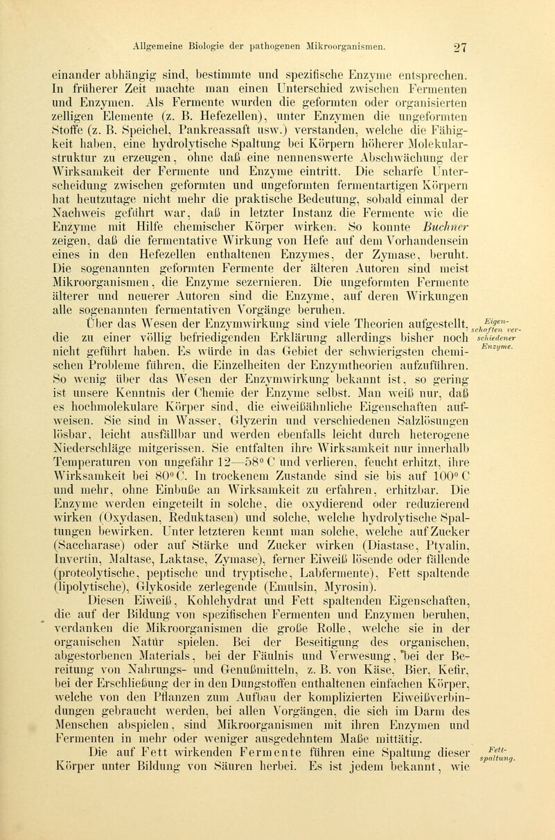 einander abhängig sind, bestimmte und spezifische Enzyme entsprechen. In früherer Zeit machte man einen Unterschied zwischen Fermenten und Enzymen. Als Fermente wurden die geformten oder organisierten zelligen Elemente (z. B. Hefezellen), unter Enzymen die ungeformten Stotfe (z. B. Speichel, Pankreassaft usw.) verstanden, welche die Fähig- keit haben, eine hydrolytische Spaltung bei Körpern höherer Molekular- struktur zu erzeugen, ohne daß eine nennenswerte Abschwächung der Wirksamkeit der Fermente und Enzyme eintritt. Die scharfe Unter- scheidung zwischen geformten und ungeformten fermentartigen Körpern hat heutzutage nicht mehr die praktische Bedeutung, sobald einmal der Nachweis geführt war, daß in letzter Instanz die Fermente wie die Enzyme mit Hilfe chemischer Körper wirken. So konnte Buchner zeigen, daß die fermentative Wirkung von Hefe auf dem Vorhandensein eines in den Hefezellen enthaltenen Enzymes, der Zymase, beruht. Die sogenannten geformten Fermente der älteren Autoren sind meist Mikroorganismen, die Enzyme sezernieren. Die ungeformten Fermente älterer und neuerer Autoren sind die Enzyme, auf deren Wirkungen alle sogenannten fermentativen Vorgänge beruhen. Über das Wesen der Enzymwirkung sind viele Theorien aufgestellt, .^if'^' PI Ol Schäften ver- die zu einer völlig befriedigenden Erklärung allerdings bisher noch scuedener nicht geführt haben. Es würde in das Gebiet der schwierigsten chemi- ^^^'^• sehen Probleme führen, die Einzelheiten der Enzymtheorien aufzuführen. So wenig über das Wesen der Enzymwirkung bekannt ist, so gering ist unsere Kenntnis der Chemie der Enzyme selbst. Man weiß nur, daß es hochmolekulare Körper sind, die eiweißähnliche Eigenschaften auf- weisen. Sie sind in Wasser, Glyzerin und verschiedenen Salzlösungen lösbar, leicht ausfällbar und werden ebenfalls leicht durch heterogene Niederschläge mitgerissen. Sie entfalten ihre Wirksamkeit nur innerhalb Temperaturen von ungefähr 12—58° C und verlieren, feucht erhitzt, ihre Wirksamkeit bei 80° C. In trockenem Zustande sind sie bis auf 100° C und mehr, ohne Einbuße an Wirksamkeit zu erfahren, erhitzbar. Die Enzyme werden eingeteilt in solche, die oxydierend oder reduzierend wirken (Oxydasen, Reduktasen) und solche, welche hydrolytische Spal- tungen bewirken. Unter letzteren kennt man solche, welche auf Zucker (Saccharase) oder auf Stärke und Zucker wirken (Diastase, Ptyalin, Invertin, Maltase, Laktase, Zymase), ferner Eiweiß lösende oder fällende (proteolytische, peptische und tryptische, Labfermente), Fett spaltende (lipolytische), Glykoside zerlegende (Emulsin, Myrosin). Diesen Eiweiß, Kohlehydrat und Fett spaltenden Eigenschaften, die auf der Bildung von spezifischen Fermenten und Enzymen beruhen, verdanken die Mikroorganismen die große Rolle, welche sie in der organischen Natur spielen. Bei der Beseitigung des organischen, abgestorbenen Materials, bei der Fäulnis und Verwesung, l)ei der Be- reitung von Nahrungs- und Genußmitteln, z. B. von Käse, Bier, Kefir, bei der Erschließung der in den Dungstoifen enthaltenen einfachen Körper, w^elche von den Pflanzen zum Aufbau der komplizierten Eiweißverbin- dungen gebraucht werden, bei allen Vorgängen, die sich im Darm des Menschen abspielen, sind Mikroorganismen mit ihren Enzymen und Fermenten in mehr oder w^eniger ausgedehntem Maße mittätig. Die auf Fett wirkenden Fermente führen eine Spaltung dieser ^ ^^/J'^ Körper unter Bildung von Säuren herbei. Es ist jedem bekannt, wie