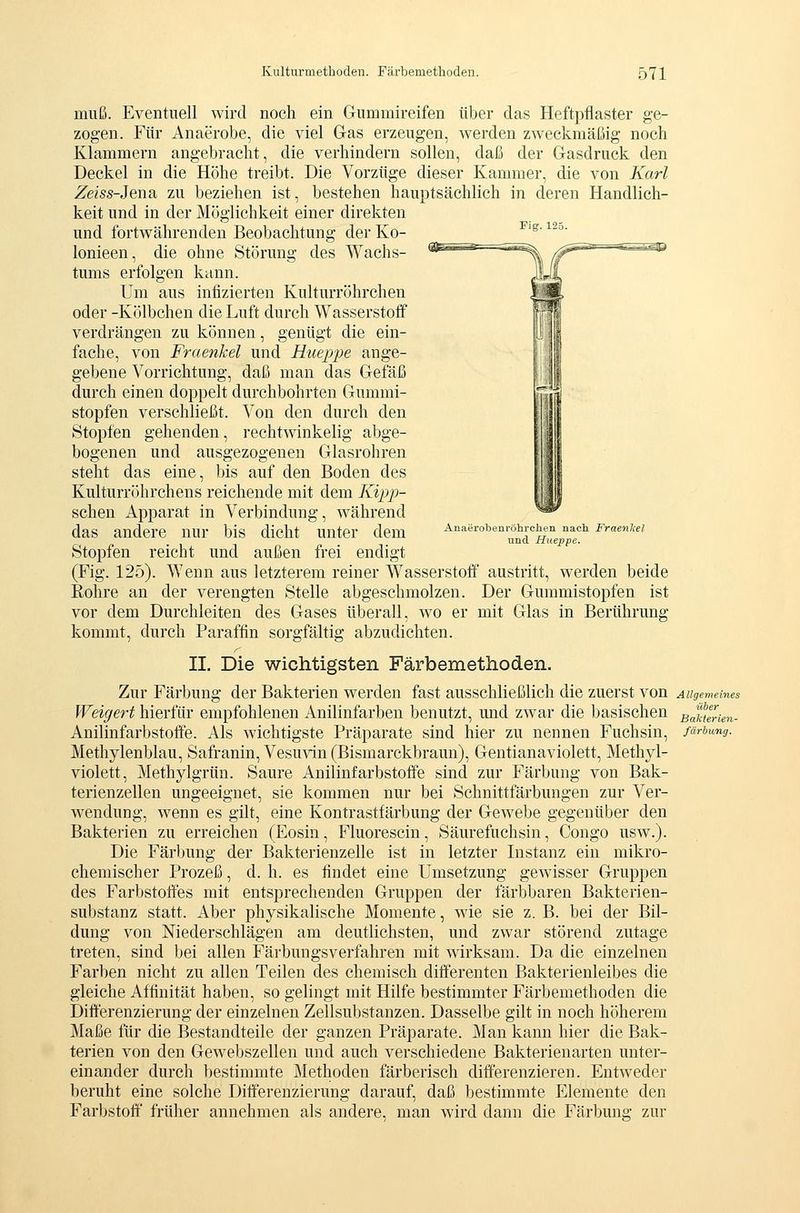 Fig. 125. Anaerobenröhrctieii nach Fraenkel und Hueppe. muß. Eventuell wird noch ein Gummireifen über das Heftpflaster ge- zogen. Für Anaerobe, die viel Gas erzeugen, werden zweckmäßig noch Klammern angebracht, die verhindern sollen, daß der Gasdruck den Deckel in die Höhe treibt. Die Vorzüge dieser Kammer, die von Karl Zem-Jena zu beziehen ist, bestehen hauptsächlich in deren Handlich- keit und in der Möglichkeit einer direkten und fortwährenden Beobachtung der Ko- lonieen, die ohne Störung des Wachs- tums erfolgen kann. Um aus infizierten Kulturröhrchen oder -Kölbchen die Luft durch Wasserstoff verdrängen zu können, genügt die ein- fache, von Fraenkel und Hueppe ange- gebene Vorrichtung, daß man das Gefäß durch einen doppelt durchbohrten Gummi- stopfen verschließt. Von den durch den Stopfen gehenden, rechtwinkelig abge- bogenen und ausgezogenen Glasrohren steht das eine, bis auf den Boden des Kulturröhrchens reichende mit dem Kipp- schen Apparat in Verbindung, während das andere nur bis dicht unter dem Stopfen reicht und außen frei endigt (Fig. 125). Wenn aus letzterem reiner Wasserstoff austritt, werden beide Rohre an der verengten Stelle abgeschmolzen. Der Gummistopfen ist vor dem Durchleiten des Gases überall, wo er mit Glas in Berührung kommt, durch Paraffin sorgfältig abzudichten. II. Die wichtigsten Färbemethoden. Zur Färbung der Bakterien werden fast ausschließlich die zuerst von Allgemeines Weigert hierfür empfohlenen Anilinfarben benutzt, und zwar die basischen BaktZten- Anilinfarbstoffe. Als wichtigste Präparate sind hier zu nennen Fuchsin, färbimg. Methylenblau, Safranin, Vesmin (Bismarckbraun), Gentianaviolett, Methyl- violett, Methylgrün. Saure Anilinfarbstoffe sind zur Färbung von Bak- terienzellen ungeeignet, sie kommen nur bei Schnittfärbungen zur Ver- wendung, wenn es gilt, eine Kontrastfärbung der Gewebe gegenüber den Bakterien zu erreichen (Eosin, Fluorescin, Säurefuchsin, Congo usw.). Die Färbung der Bakterienzelle ist in letzter Instanz ein mikro- chemischer Prozeß, d. h. es findet eine Umsetzung gewisser Gruppen des Farbstoffes mit entsprechenden Gruppen der färbbaren Bakterien- substanz statt. Aber physikalische Momente, wie sie z. B. bei der Bil- dung von Niederschlägen am deutlichsten, und zwar störend zutage treten, sind bei allen Färbungsverfahren mit wirksam. Da die einzelnen Farben nicht zu allen Teilen des chemisch differenten Bakterienleibes die gleiche Affinität haben, so gelingt mit Hilfe bestimmter Färbemethoden die Differenzierung der einzelnen Zellsubstanzen. Dasselbe gilt in noch höherem Maße für die Bestandteile der ganzen Präparate. Man kann hier die Bak- terien von den Gewebszellen und auch verschiedene Bakterienarten unter- einander durch bestimmte Methoden färberisch differenzieren. Entweder beruht eine solche Differenzierung darauf, daß bestimmte Elemente den Farbstoff früher annehmen als andere, man wird dann die Färbung zur