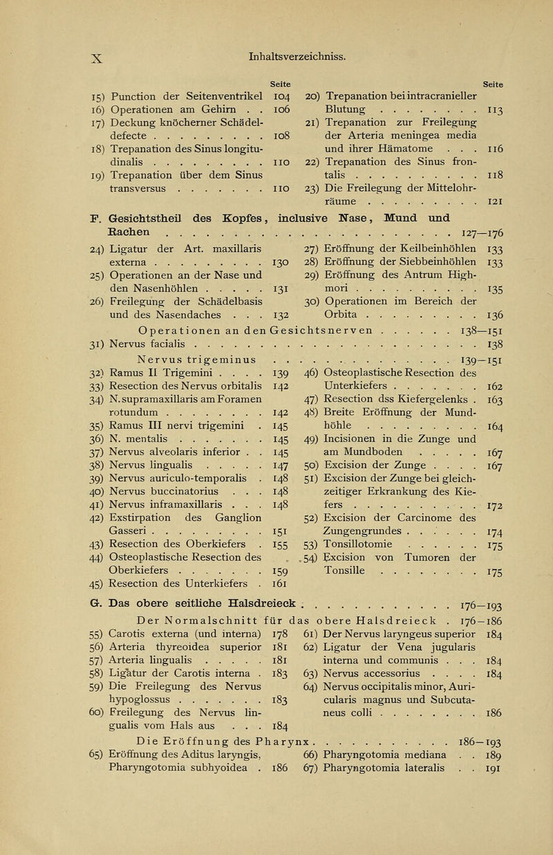 15) Punction der Seitenventrikel 16) Operationen am Gehirn . . 17) Deckung knöcherner Schädel- defecte 18) Trepanation des Sinus longitu- dinalis 19) Trepanation über dem Sinus transversus F. Gesichtstheil des Kopfes Rachen 24) Ligatur der Art. maxillaris externa 25) Operationen an der Nase und den Nasenhöhlen 26) Freilegung der Schädelbasis und des Nasendaches . . . Operationen an den 31) Nervus facialis Nervus trigeminus 32) Ramus II Trigemini .... 33) Resection des Nervus orbitalis 34) N.supramaxillaris am Foramen rotundum 35) Ramus III nervi trigemini 36) N. mentalis 37) Nervus alveolaris inferior . . 38) Nervus lingualis ...... 39) Nervus auriculo-temporalis 40) Nervus buccinatorius . . . 41) Nervus inframaxillaris . . . 42) Exstirpation des Ganglion Gasseri 43) Resection des Oberkiefers 44) Osteoplastische Resection des Oberkiefers 45) Resection des Unterkiefers . Seite Seite 104 20) Trepanation bei intracranieller 106 Blutung 113 21) Trepanation zur Freilegung 108 der Arteria meningea media und ihrer Hämatome . . . 116 110 22) Trepanation des Sinus fron- talis 118 110 23) Die Freilegung der Mittelohr- räume 121 , inclusive Nase, Mund und 127—176 27) Eröffnung der Keilbeinhöhlen 133 130 28) Eröffnung der Siebbeinhöhlen 133 29) Eröffnung des Antrum High- 131 mori 135 30) Operationen im Bereich der 132 Orbita 136 Gesichtsnerven 138—151 138 I39-I5I 139 46) Osteoplastische Resection des 142 Unterkiefers 162 47) Resection dss Kiefergelenks . 163 142 48) Breite Eröffnung der Mund- 145 höhle 164 145 49) Incisionen in die Zunge und 145 am Mundboden 167 J47 5°) Excision der Zunge .... 167 148 51) Excision der Zunge bei gleich- 148 zeitiger Erkrankung des Kie- 148 fers 172 52) Excision der Carcinome des 151 Zungengrundes ...... 174 J55 53) Tonsillotomie 175 . 54) Excision von Tumoren der 159 Tonsille 175 161 G. Das obere seitliche Halsdreieck . . Der Normalschnitt für das o 55) Carotis externa (und interna) 178 61) 56) Arteria thyreoidea superior 181 62) 57) Arteria lingualis 181 58) Ligatur der Carotis interna . 183 63) 59) Die Freilegung des Nervus 64) hypoglossus 183 60) Freilegung des Nervus lin- gualis vom Hals aus . . . 184 Die Eröffnung des Pharynx . 65) Eröffnung des Acutus laryngis, 66) Pharyngotomia subhyoidea . 186 67) 176-193 bere Halsd reieck . 176 — 186 Der Nervus laryngeus superior 184 Ligatur der Vena jugularis interna und communis . . . 184 Nervus accessorius .... 184 Nervus occipitalis minor, Auri- cularis magnus und Subcuta- nea colli 186 Pharyngotomia mediana Pharyngotomia lateralis 193 189 191