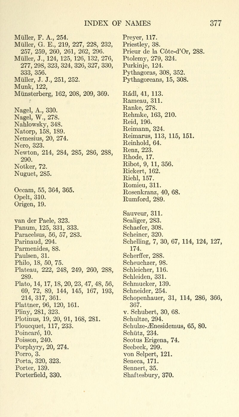 MiiUer, F. A., 254. Muller, G. E., 219, 227, 228, 232, 257, 259, 260, 261, 262, 296. MtiUer, J., 124, 125, 126, 132, 276, 277, 298, 323, 324, 326, 327, 330, 333, 356. Muller, J. J., 251, 252. Munk, 122, Munsterberg, 162, 208, 209, 369. Nagel, A., 330. Nagel, W., 278. Nahlowsky, 348. Natorp, 158, 189. Nemesius, 20, 274. Nero, 323. Newton, 214, 284, 285, 286, 288, 290. Notker, 72. Nuguet, 285. Occam, 55, 364, 365. Opelt, 310. Origen, 19. van der Paele, 323. Panum, 125, 331, 333. Paracelsus, 56, 57, 283. Parinaud, 294. Parmenides, 88. Paulsen, 31. Philo, 18, 50, 75. Plateau, 222, 248, 249, 260, 288, 289. Plato, 14,17,18, 20, 23, 47, 48, 56, 69, 72, 89, 144, 145, 167, 193, 214, 317, 361. Plattner, 96, 120, 161. Pliny, 281, 323. Plotinus, 19, 20, 91, 168, 281. Ploucquet, 117, 233. Poincare, 10. Poisson, 240. Porphyry, 20, 274. Porro, 3. Porta, 320, 323. Porter, 139. Porterfield, 330. Preyer, 117. Priestley, 38. Prieur de la Cote-d'Or, 288. Ptolemy, 279, 324. Purkinje, 124. Pythagoras, 308, 352. Pythagoreans, 15, 308. Rddl, 41, 113. Rameau, 311. Ranke, 278. Rehmke, 163, 210. Reid, 196. Reimann, 324. Reimarus, 113, 115, 151. Reinhold, 64. Renz, 223. Rhode, 17. Ribot, 9, 11, 356. Rickert, 162. Riehl, 157. Romieu, 311. Rosenkranz, 40, 68. Rumford, 289. Sauveur, 311. Scaliger, 283. Schaefer, 308. Scheiner, 320. SchelHng, 7, 30, 67, 114, 124, 127, 174. Scherffer, 288. Scheuchzer, 98. Schleicher, 116. Schleiden, 331. Schmucker, 139. Schneider, 254. Schopenhauer, 31, 114, 286, 366, 367. V. Schubert, 30, 68. Schultze, 294. Schulze-^nesidemus, 65, 80. Schutz, 234. Scotus Erigena, 74. Seebeck, 299. von Selpert, 121. Seneca, 171. Sennert, 35. Shaftesbury, 370.