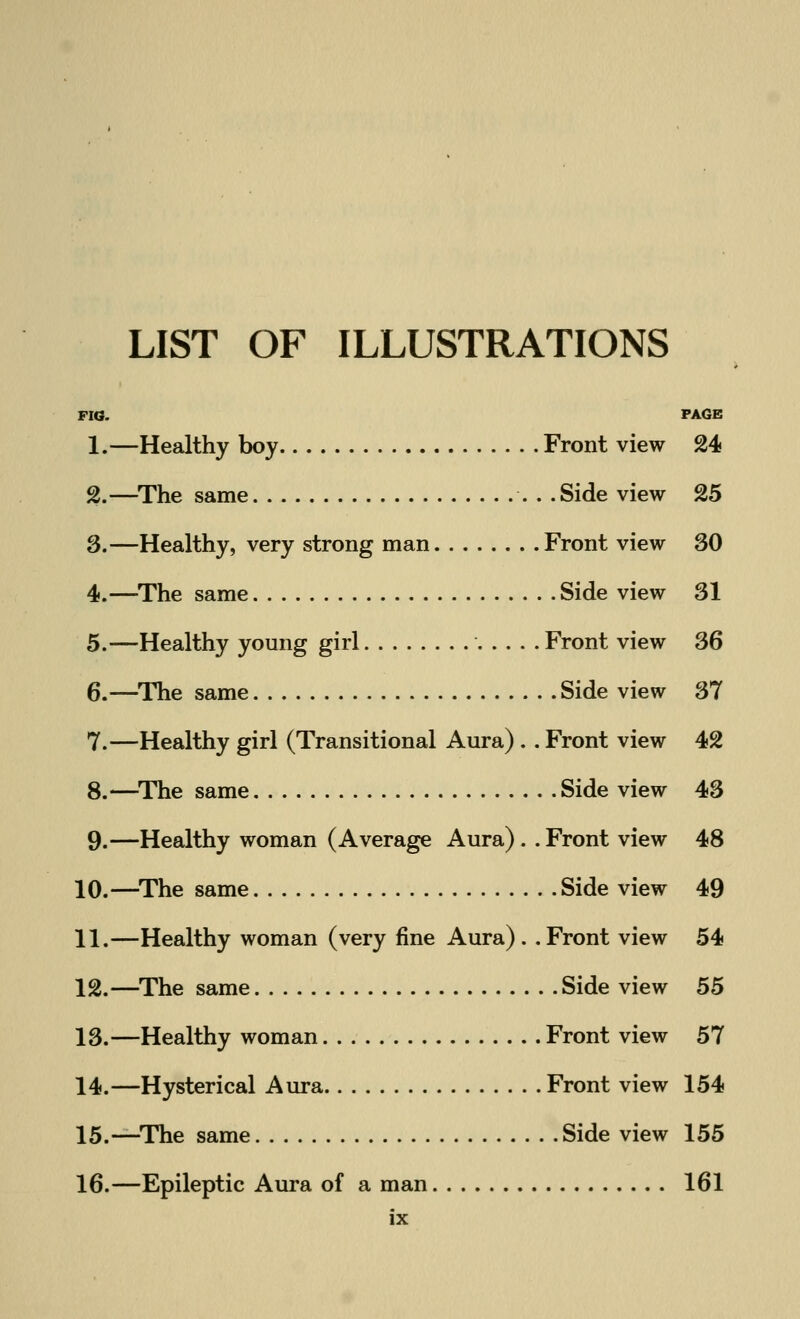 LIST OF ILLUSTRATIONS FIG. PAGE 1.—Healthy boy Front view 24 2.—The same . .Side view 25 3.—Healthy, very strong man Front view 30 4.—The same Side view 31 5.—Healthy young girl Front view 36 6.—The same Side view 37 7.—Healthy girl (Transitional Aura) . . Front view 42 8.—The same Side view 43 9.—Healthy woman (Average Aura). . Front view 48 10.—The same Side view 49 11.—Healthy woman (very fine Aura). .Front view 54 12.—The same Side view 55 13.—Healthy woman Front view 57 14.—Hysterical Aura Front view 154 15.—The same Side view 155 16.—Epileptic Aura of a man 161