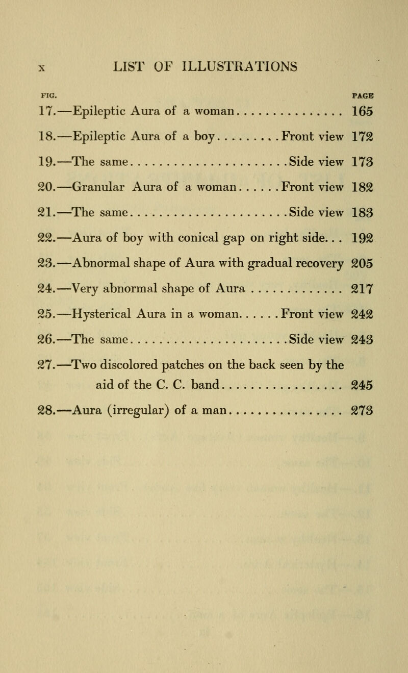 PAGE 17.—Epileptic Aura of a woman 165 18.—Epileptic Aura of a boy Front view 172 19.—The same Side view 173 20.—Granular Aura of a woman Front view 182 21.—The same Side view 183 22.—Aura of boy with conical gap on right side.. . 192 23.—Abnormal shape of Aura with gradual recovery 205 24.—Very abnormal shape of Aura 217 25.—Hysterical Aura in a woman Front view 242 26.—The same Side view 243 27.—Two discolored patches on the back seen by the aid of the C. C. band 245 28.—Aura (irregular) of a man 273